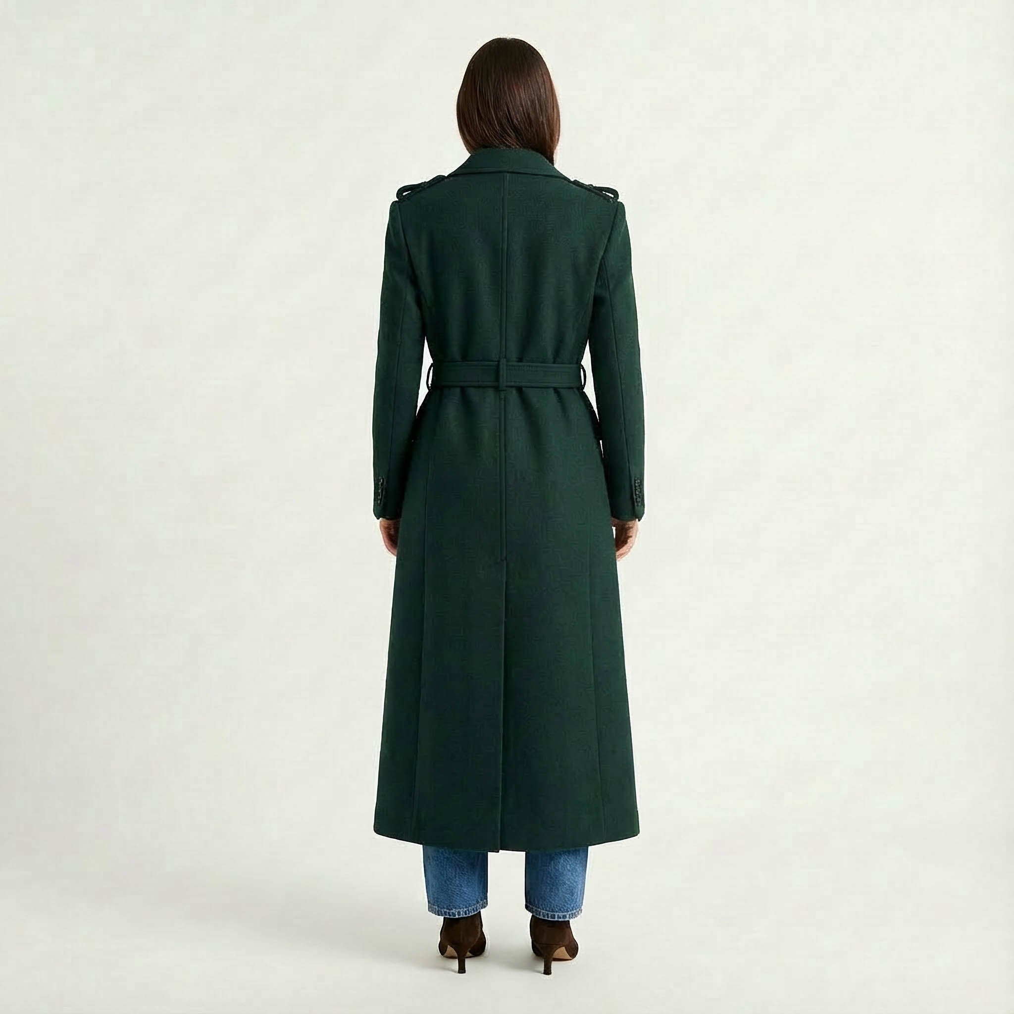 Luxury Maxi Length Wrap Coat in Deep Forest Green with Military Details