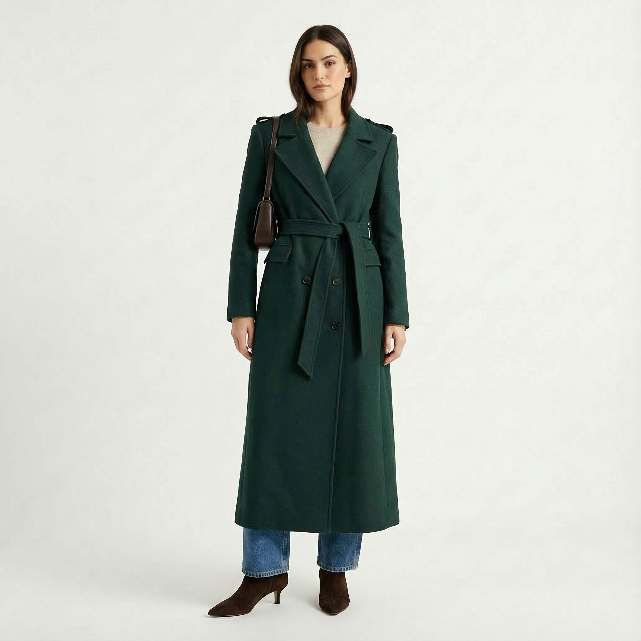 Luxury Maxi Length Wrap Coat in Deep Forest Green with Military Details