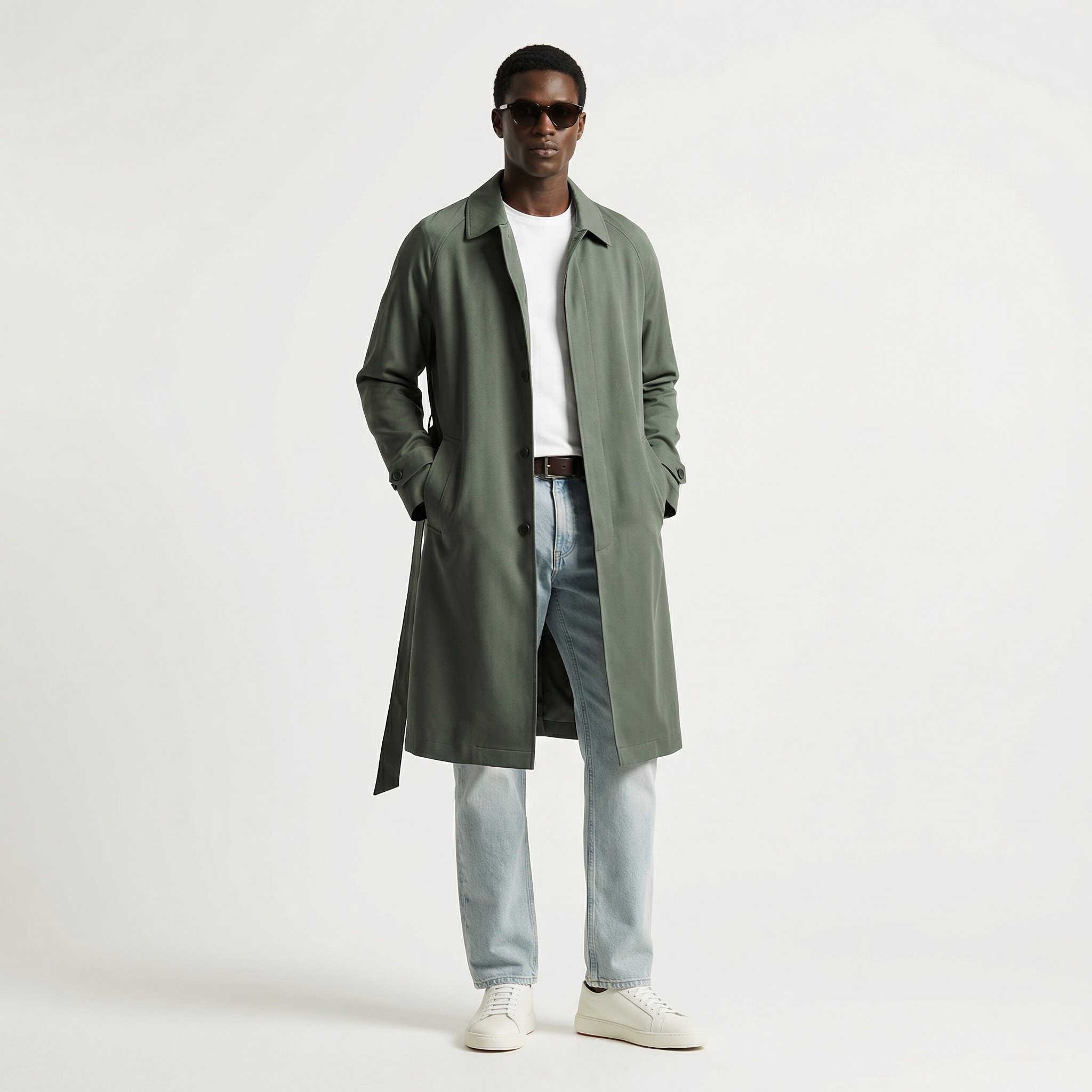 The Mayfair Moss – Minimalist Sage Green Trench Coat