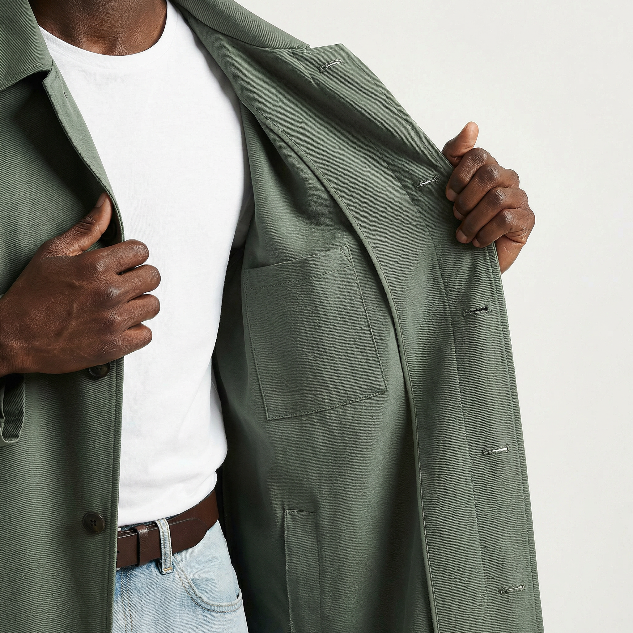 The Mayfair Moss – Minimalist Sage Green Trench Coat