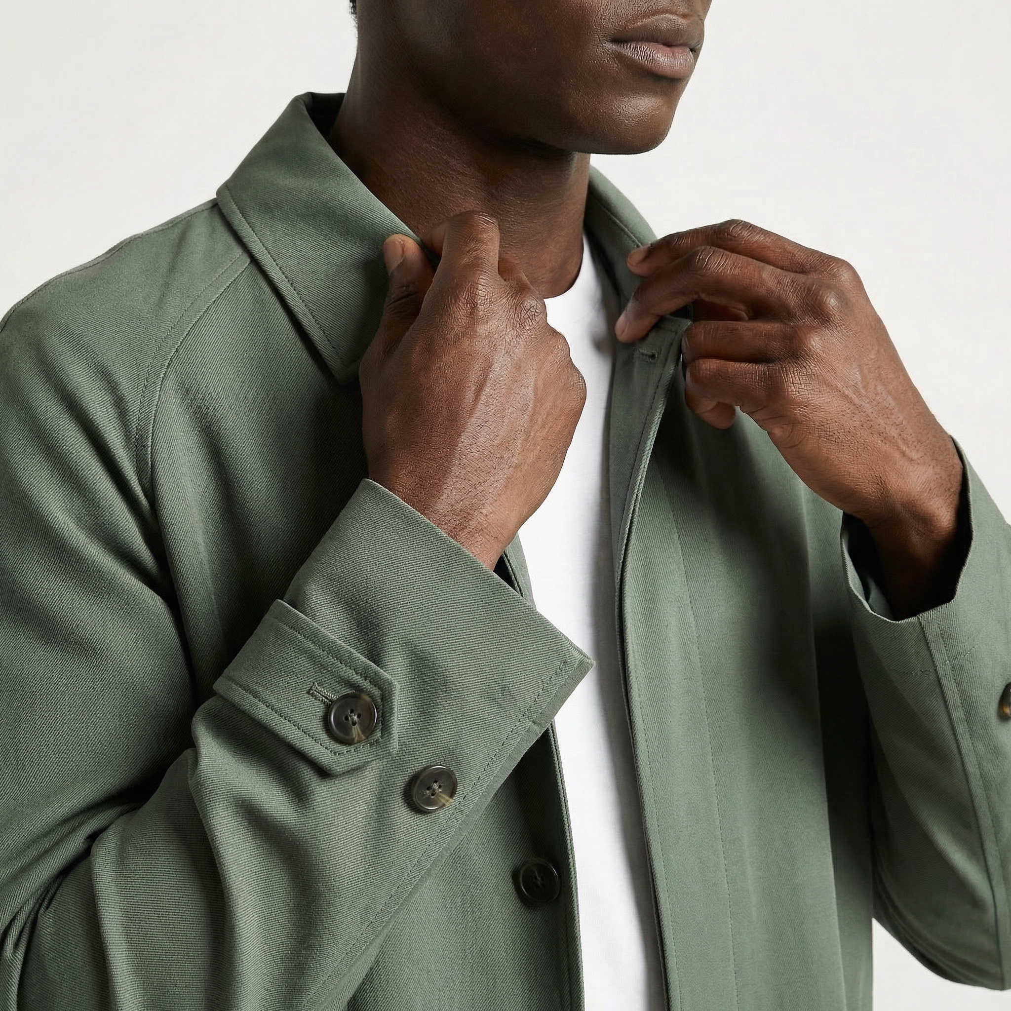 The Mayfair Moss – Minimalist Sage Green Trench Coat