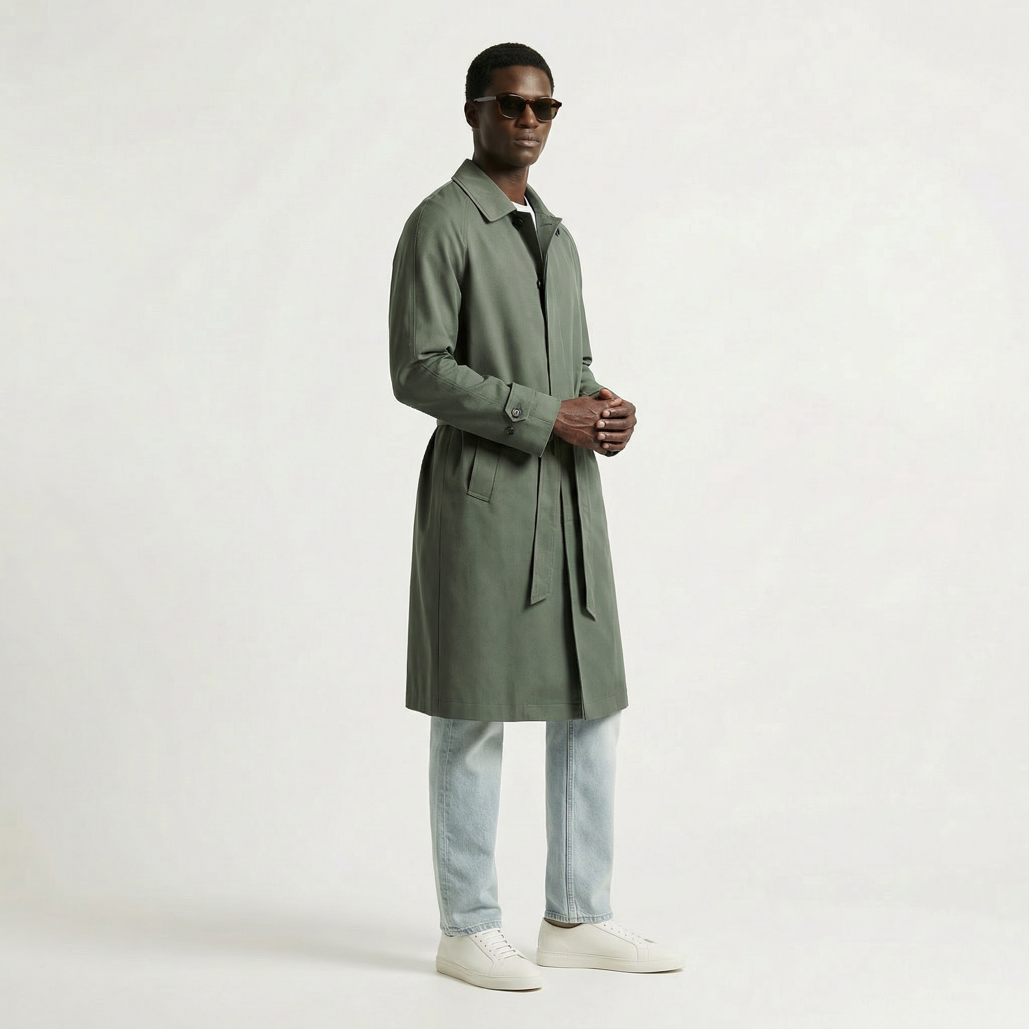 The Mayfair Moss – Minimalist Sage Green Trench Coat