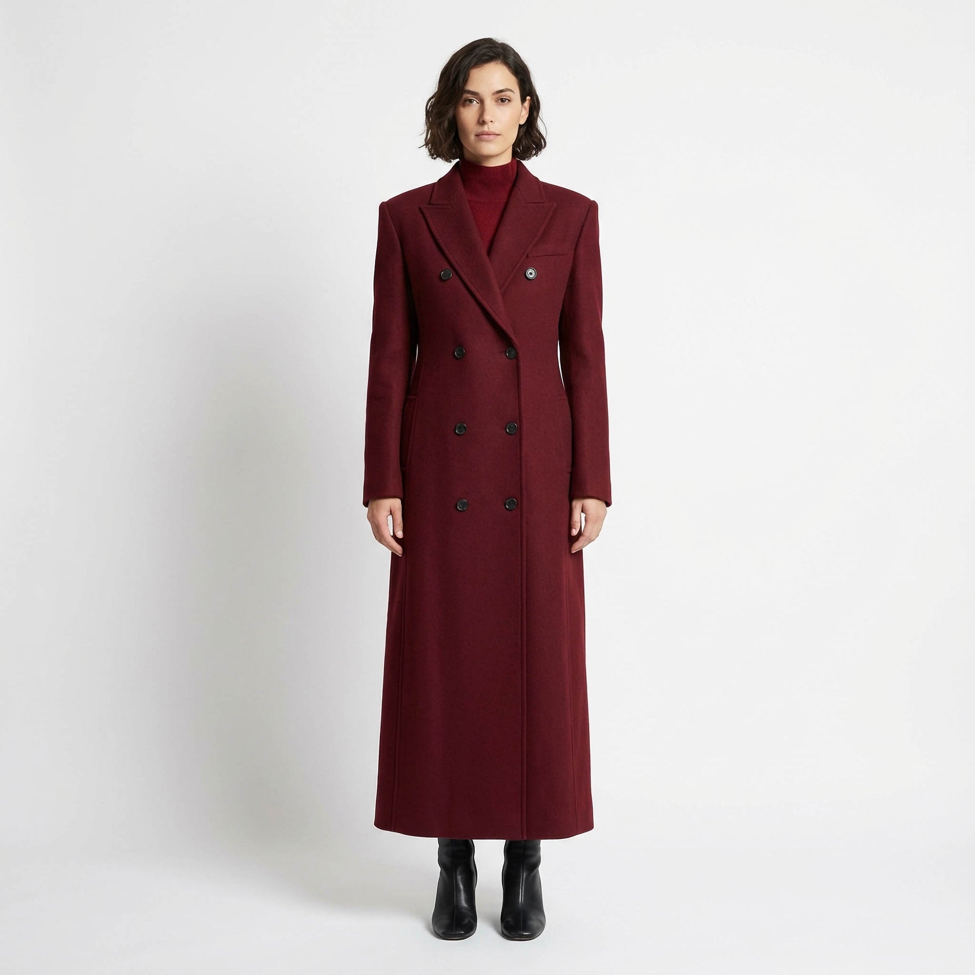 Muse Wool Rich Coat | Burgundy Double-Breasted Maxi Coat