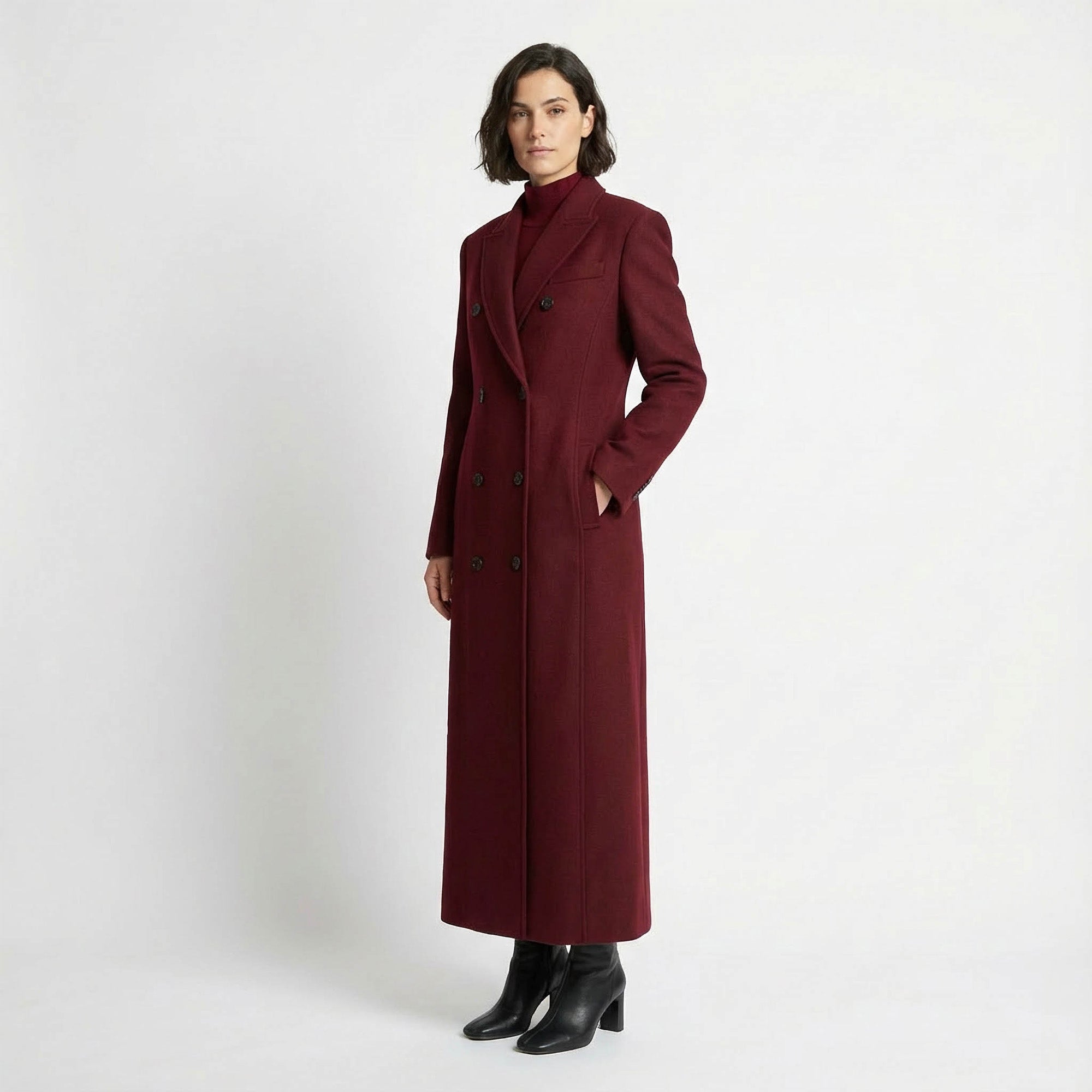 Muse Wool Rich Coat | Burgundy Double-Breasted Maxi Coat