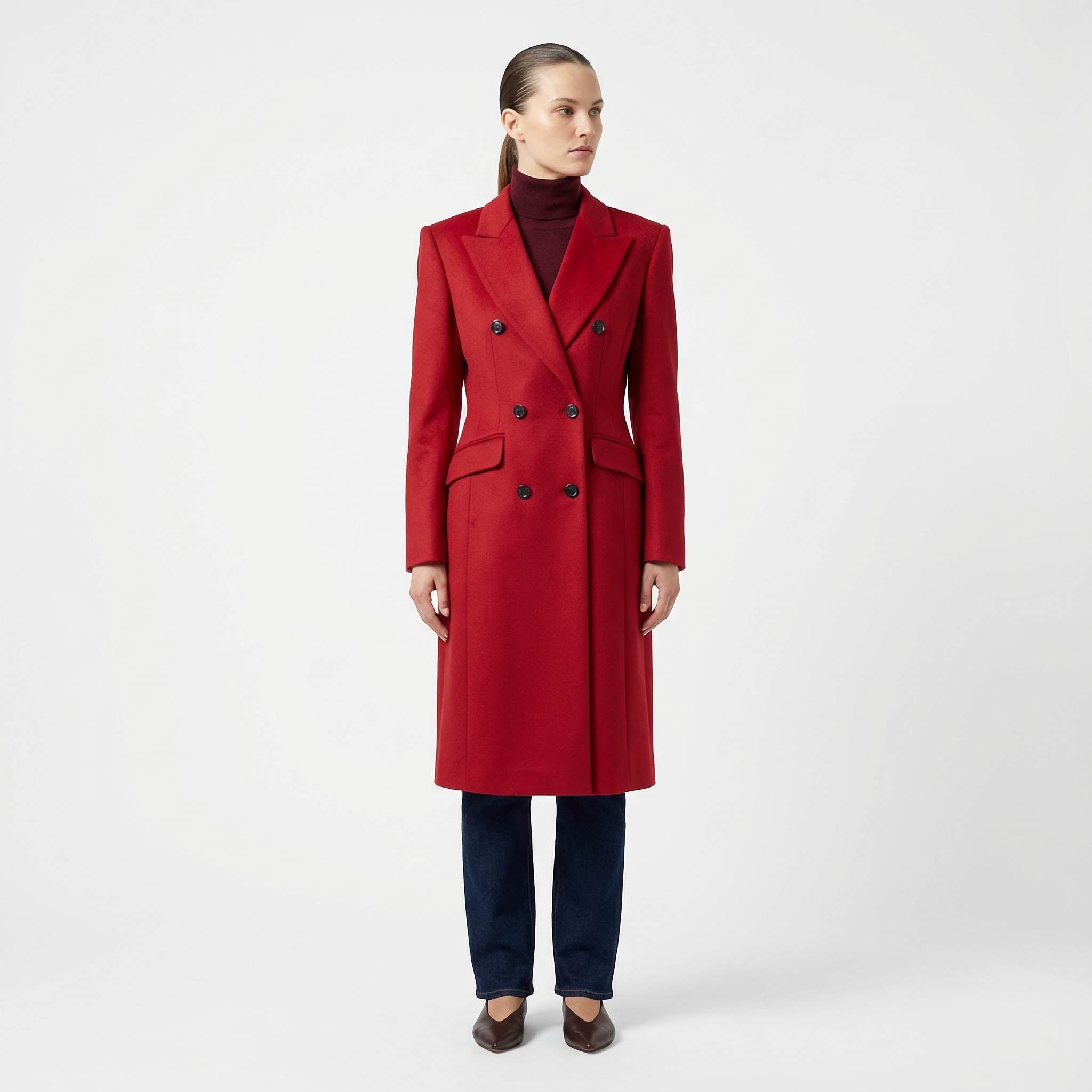 Power Shoulder Statement Red Double-Breasted Wool Blend Coat