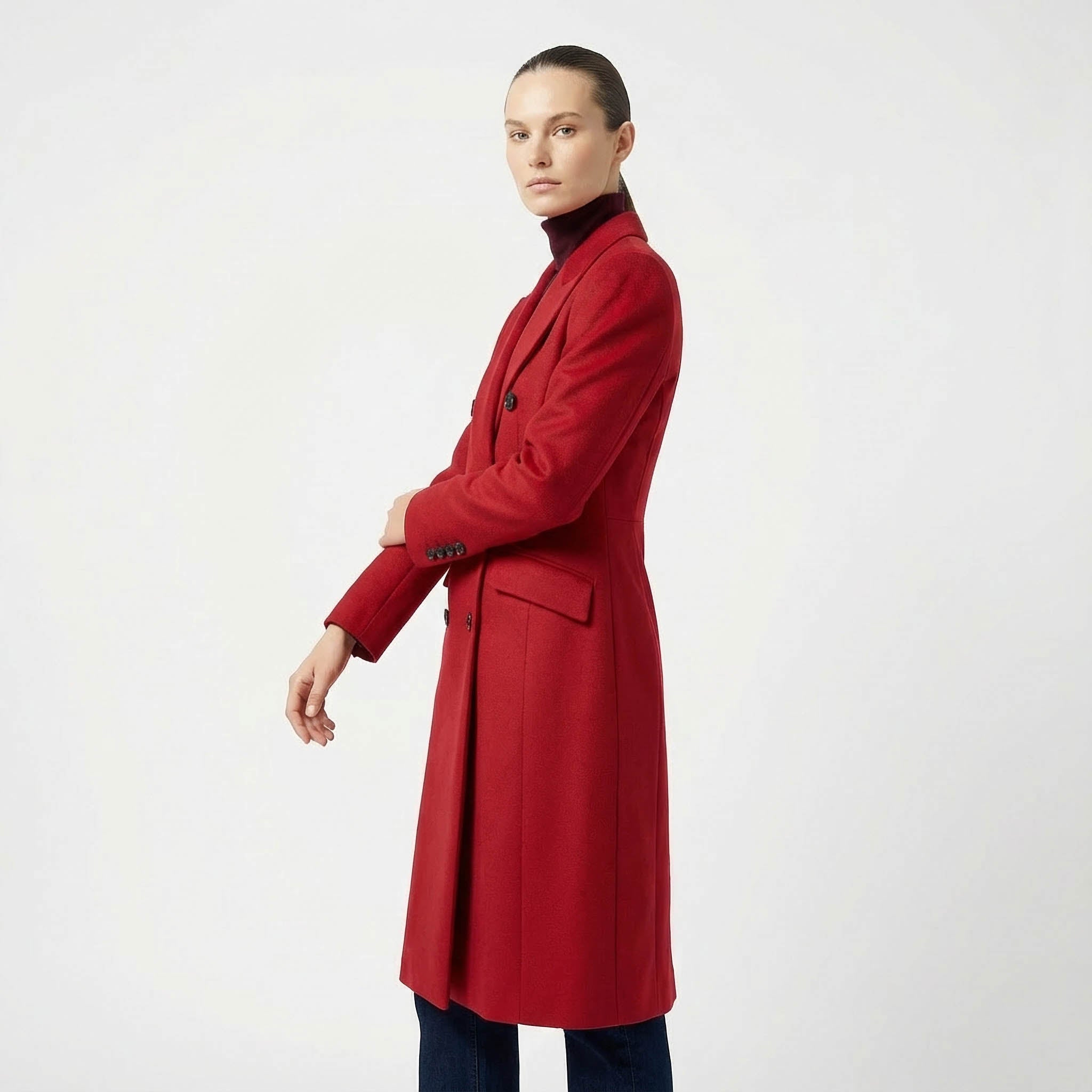 Power Shoulder Statement Red Double-Breasted Wool Blend Coat