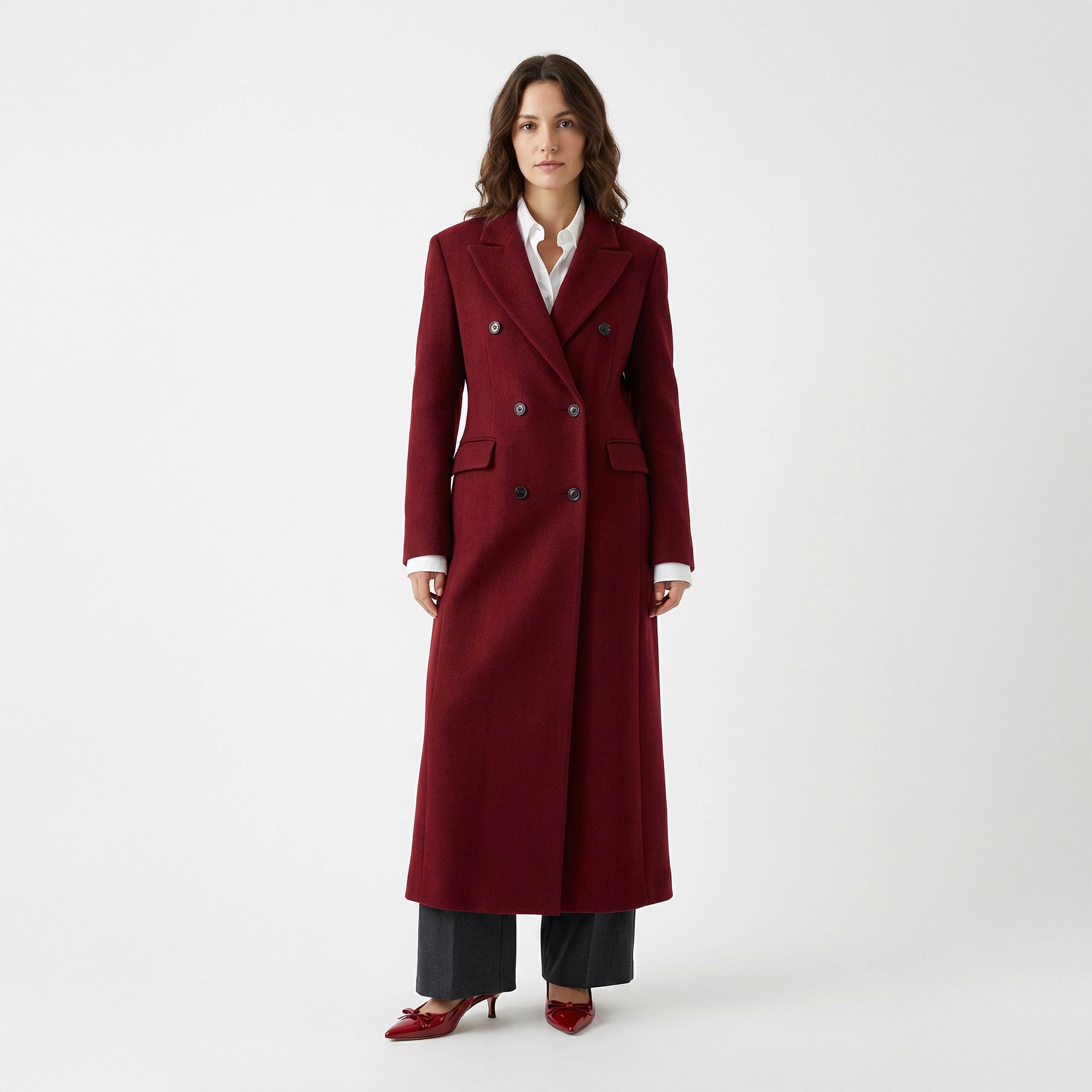 Ravenna Structured Wool Coat | Deep Burgundy Double-Breasted Outerwear