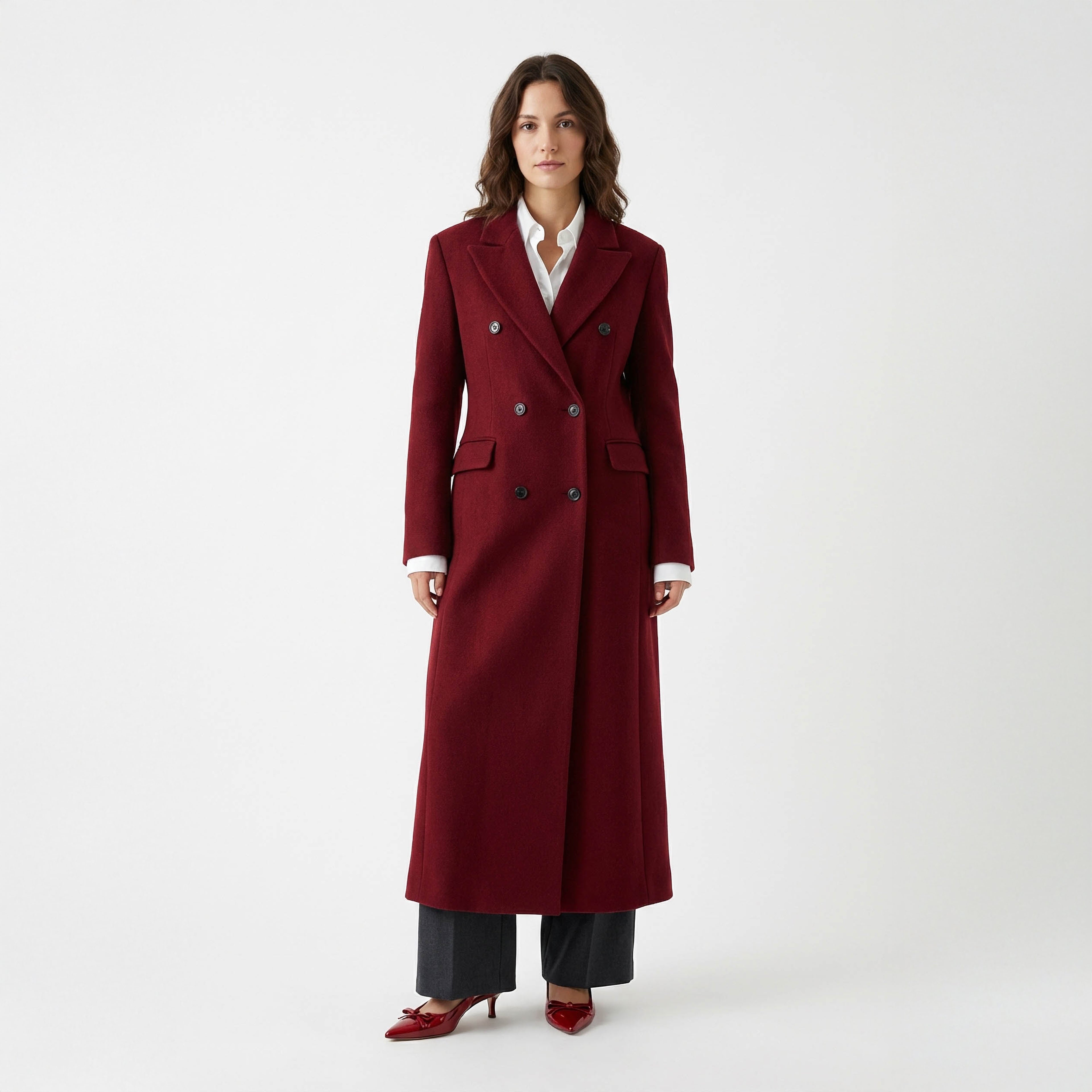 Ravenna Structured Wool Coat | Deep Burgundy Double-Breasted Outerwear