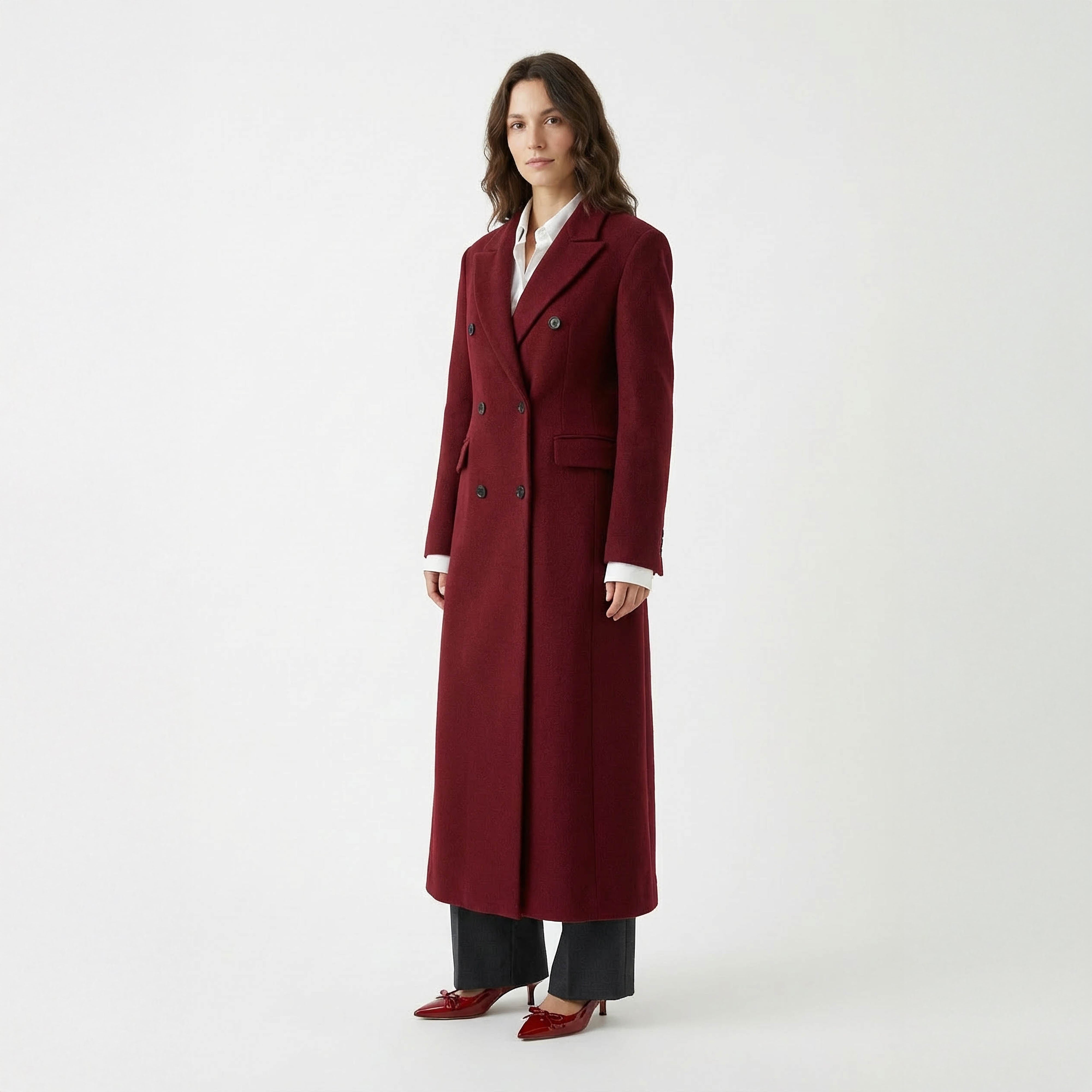 Ravenna Structured Wool Coat | Deep Burgundy Double-Breasted Outerwear