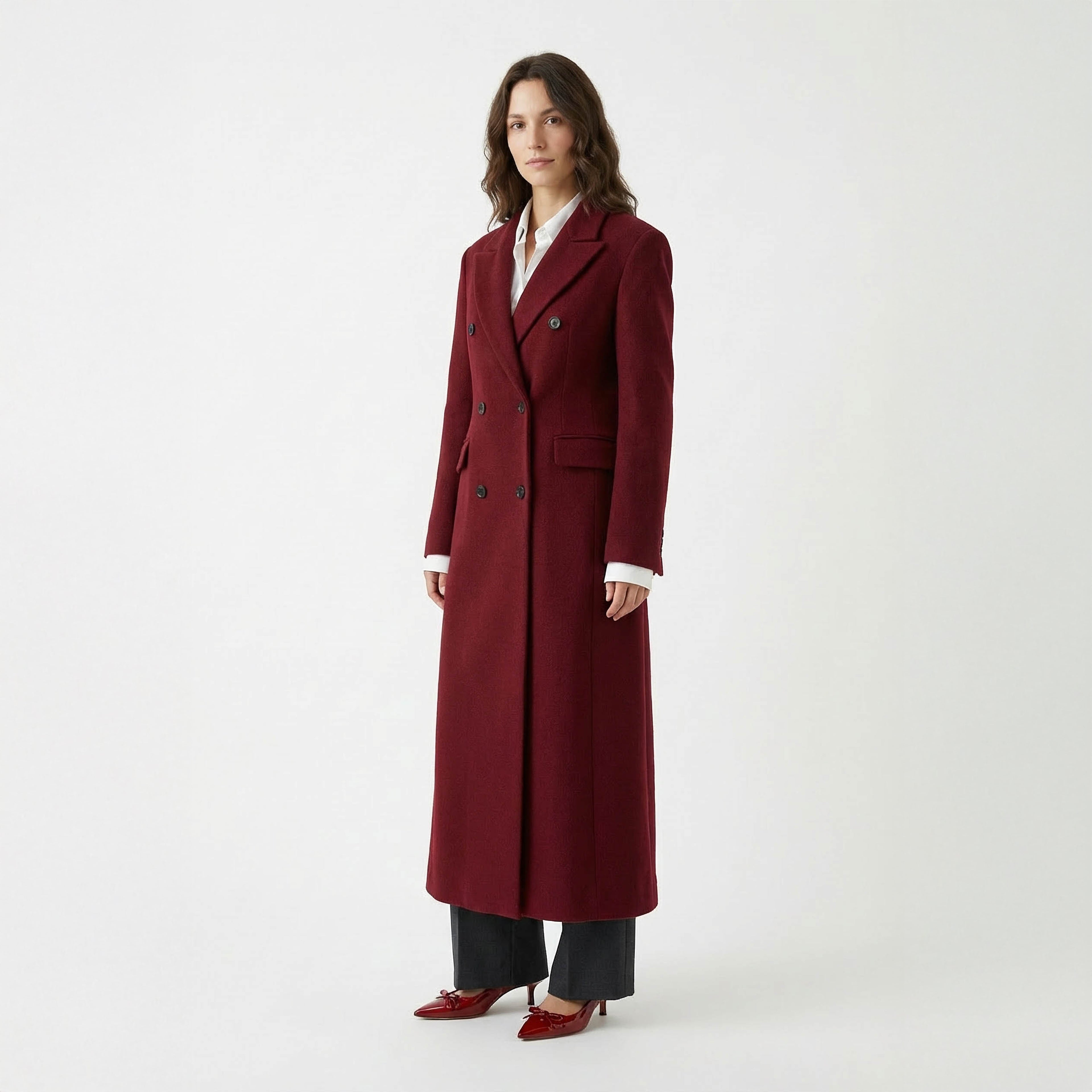 Ravenna Structured Wool Coat | Deep Burgundy Double-Breasted Outerwear