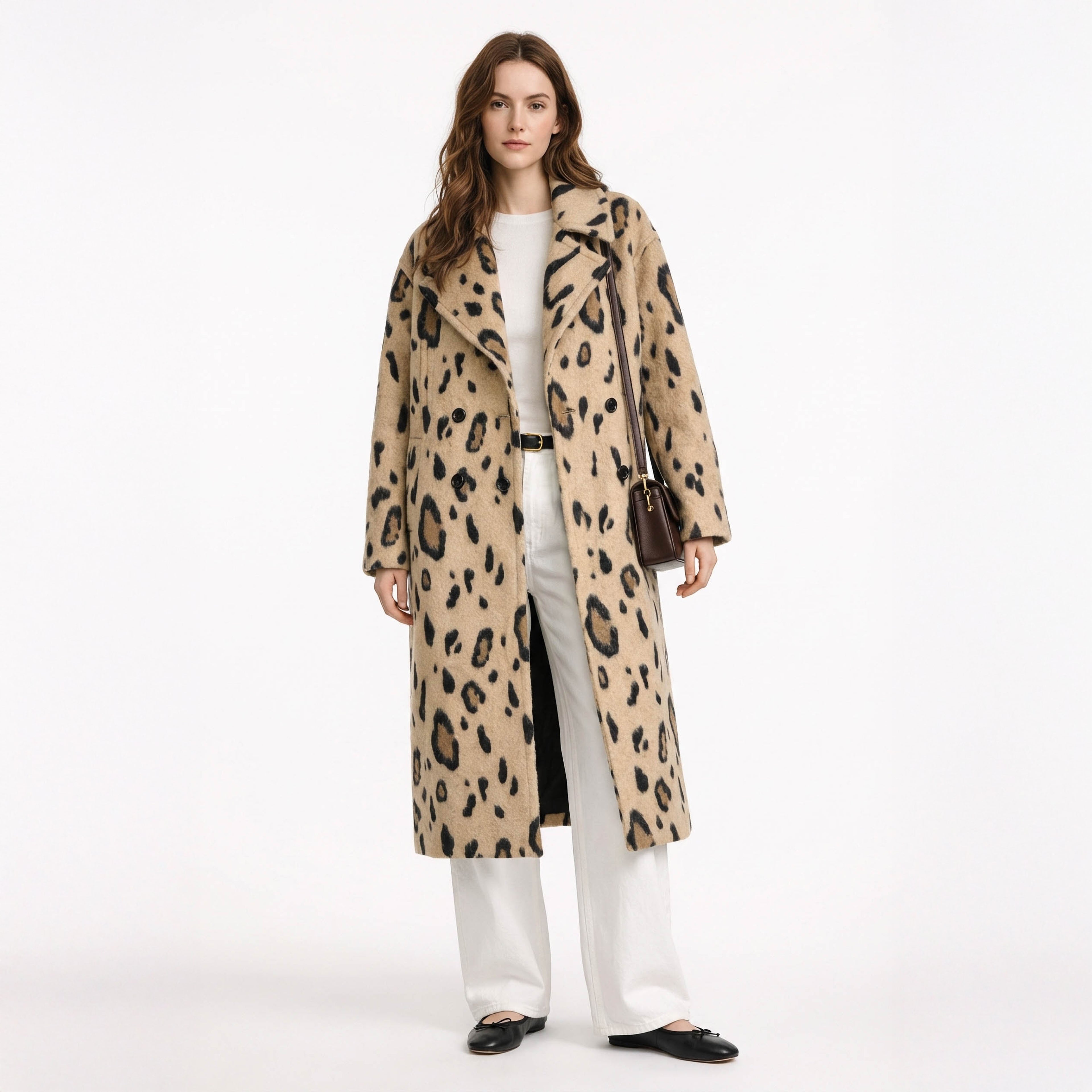 Statement Leopard Print Wool Blend Long Coat with Notch Collar
