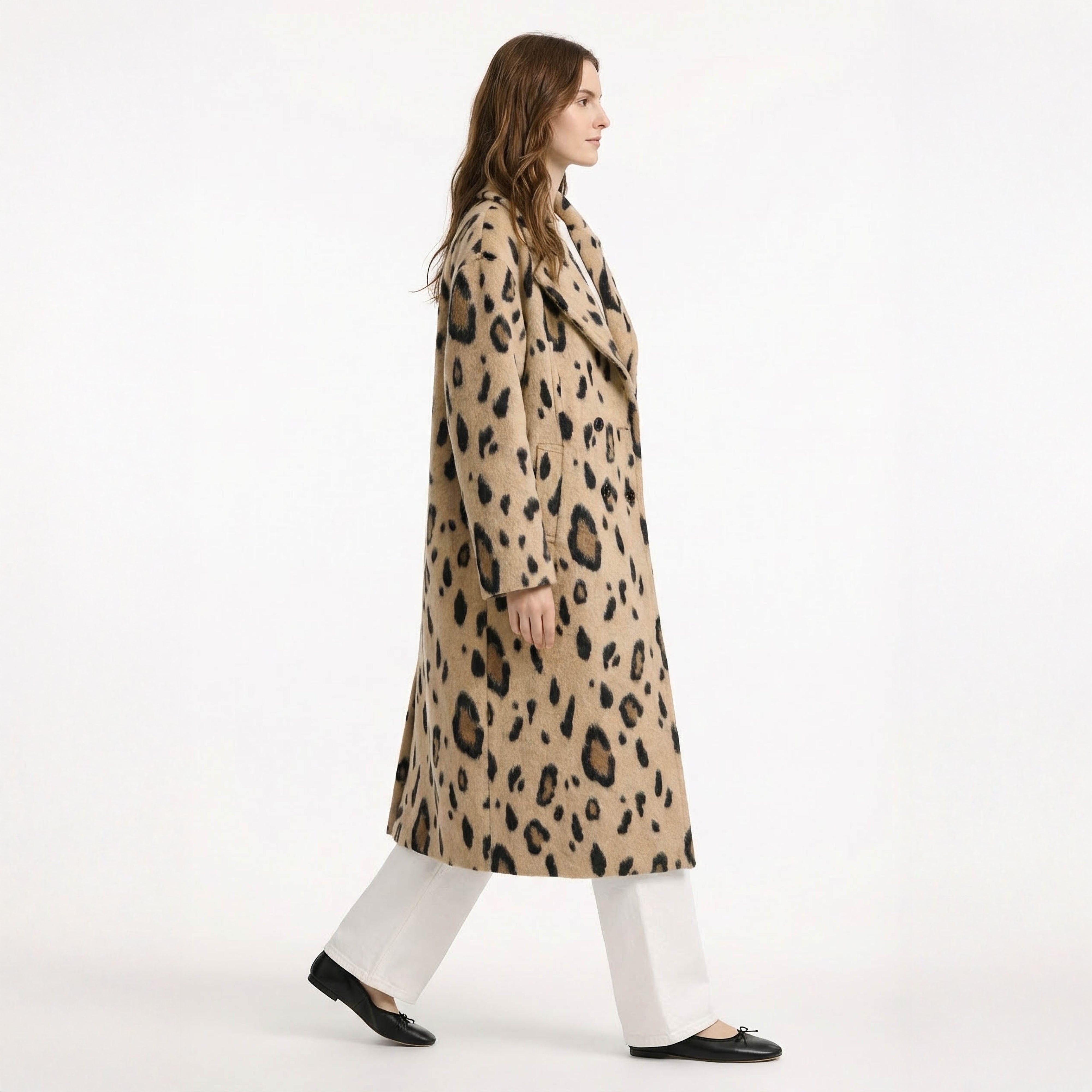 Statement Leopard Print Wool Blend Long Coat with Notch Collar
