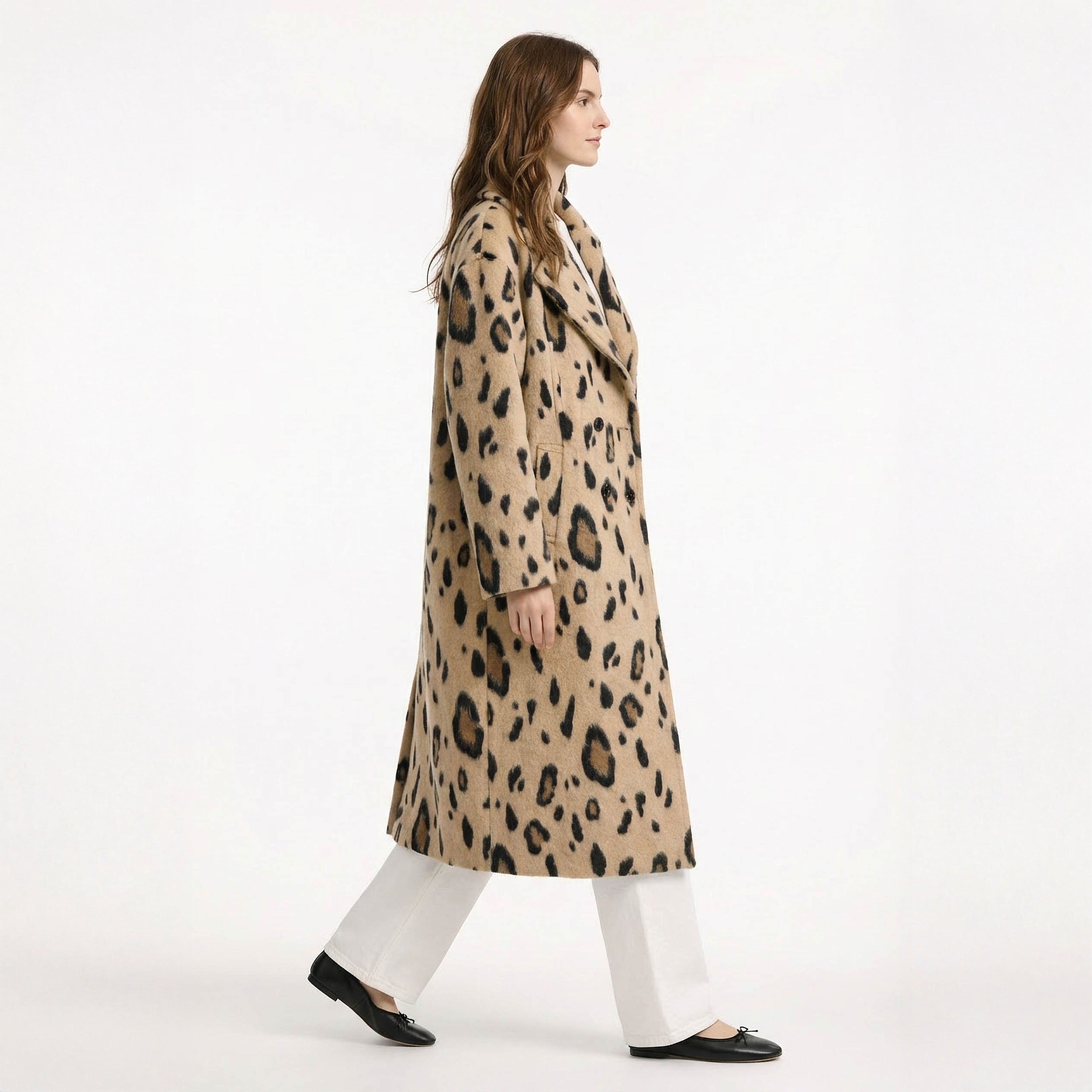 Statement Leopard Print Wool Blend Long Coat with Notch Collar