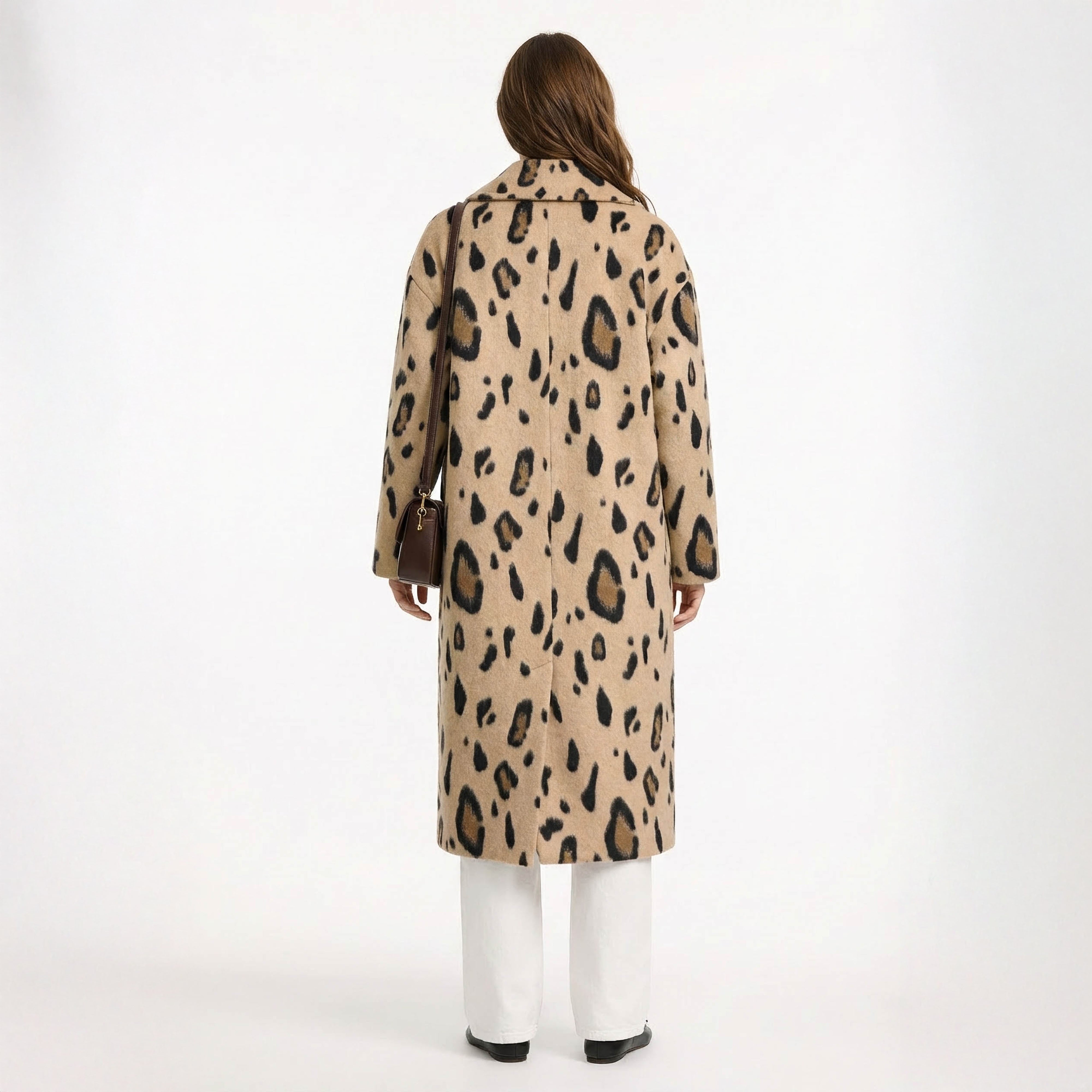 Statement Leopard Print Wool Blend Long Coat with Notch Collar