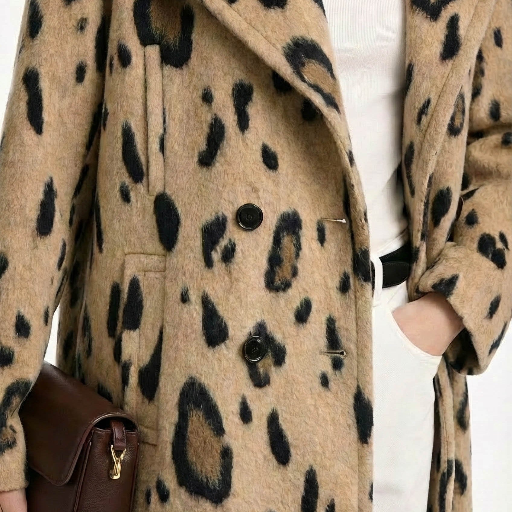 Statement Leopard Print Wool Blend Long Coat with Notch Collar