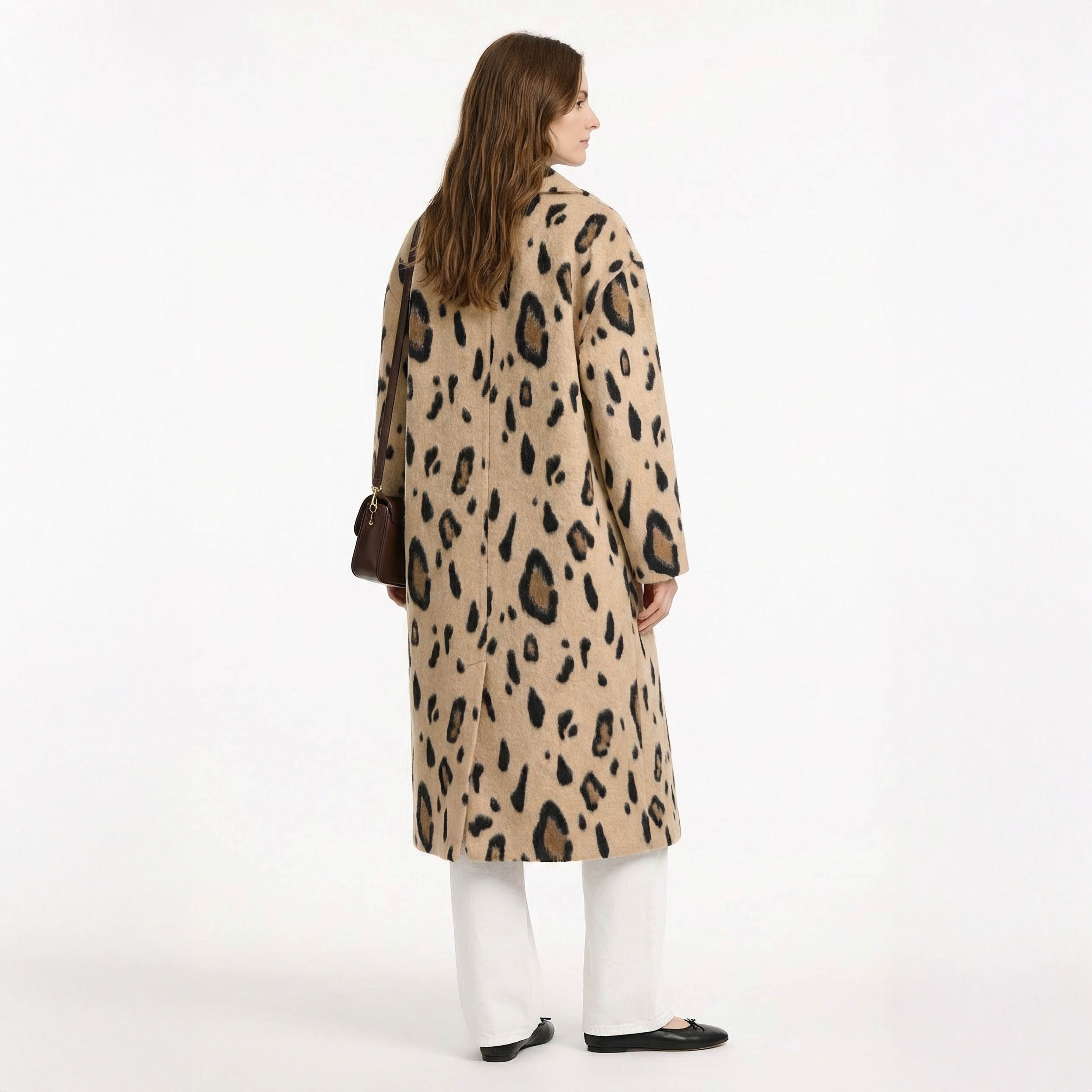 Statement Leopard Print Wool Blend Long Coat with Notch Collar