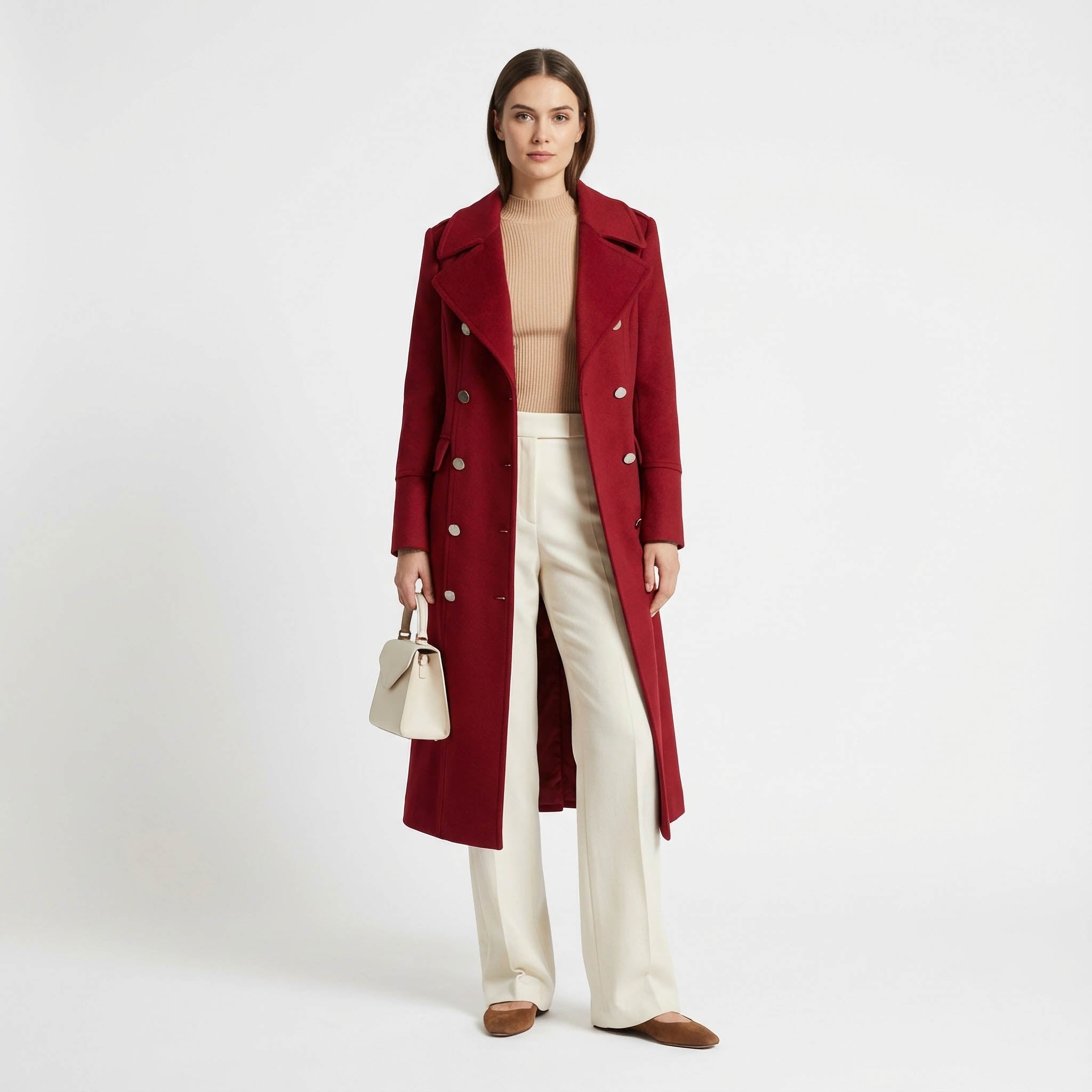 Statement Red Double-Breasted Wool-Blend Coat with Shoulder Detail
