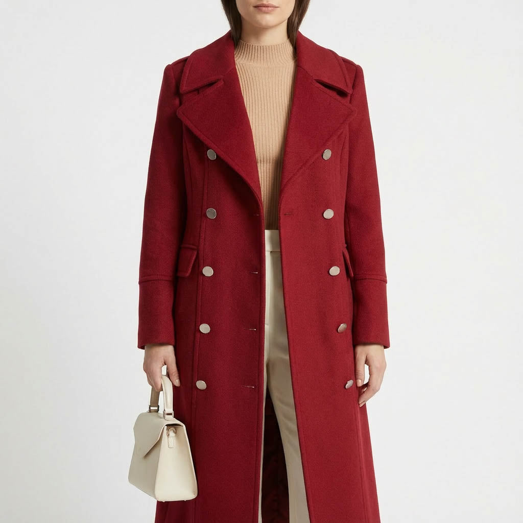 Statement Red Double-Breasted Wool-Blend Coat with Shoulder Detail