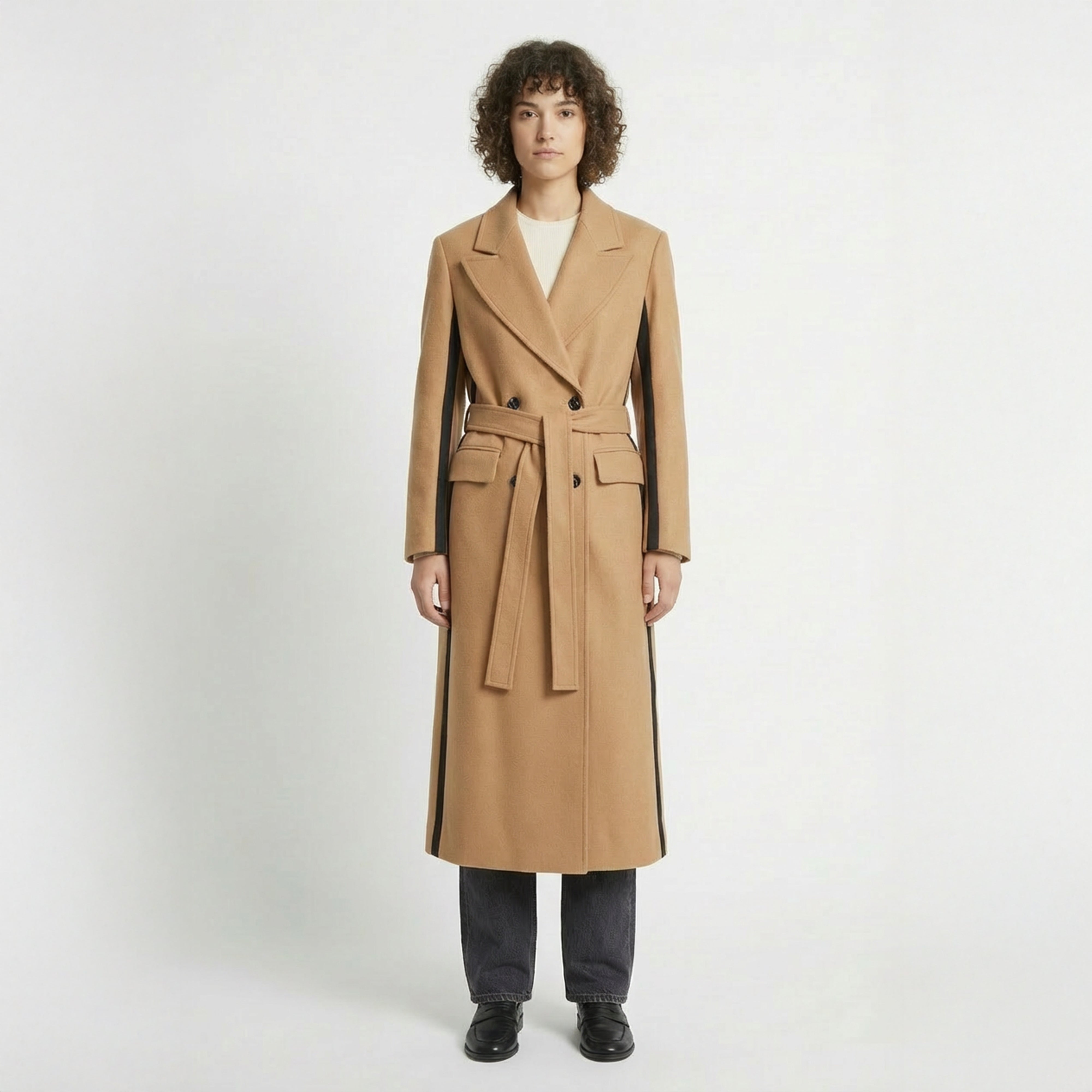 Statement Two-Tone Camel Wrap Coat with Black Contrast Panels