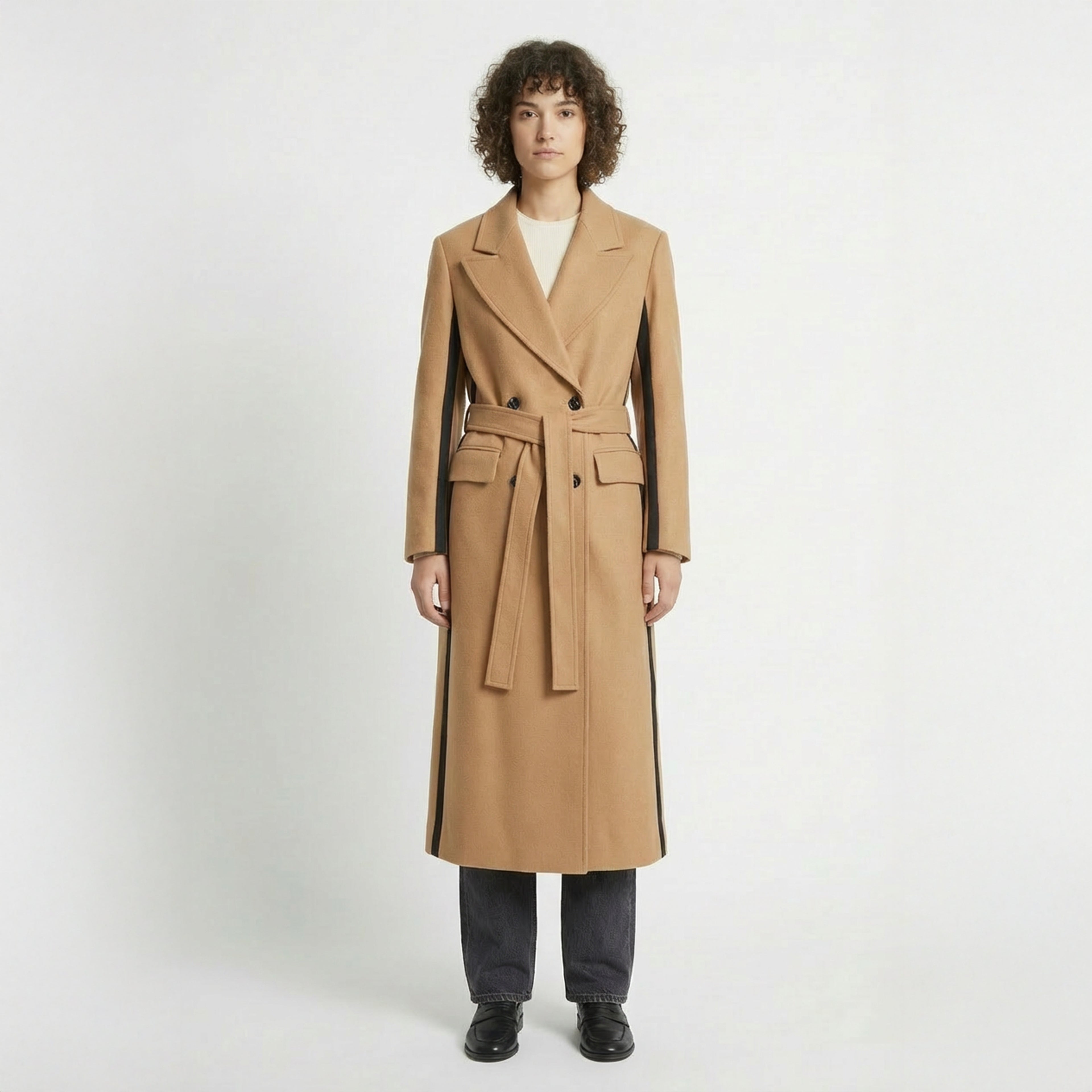 Statement Two-Tone Camel Wrap Coat with Black Contrast Panels