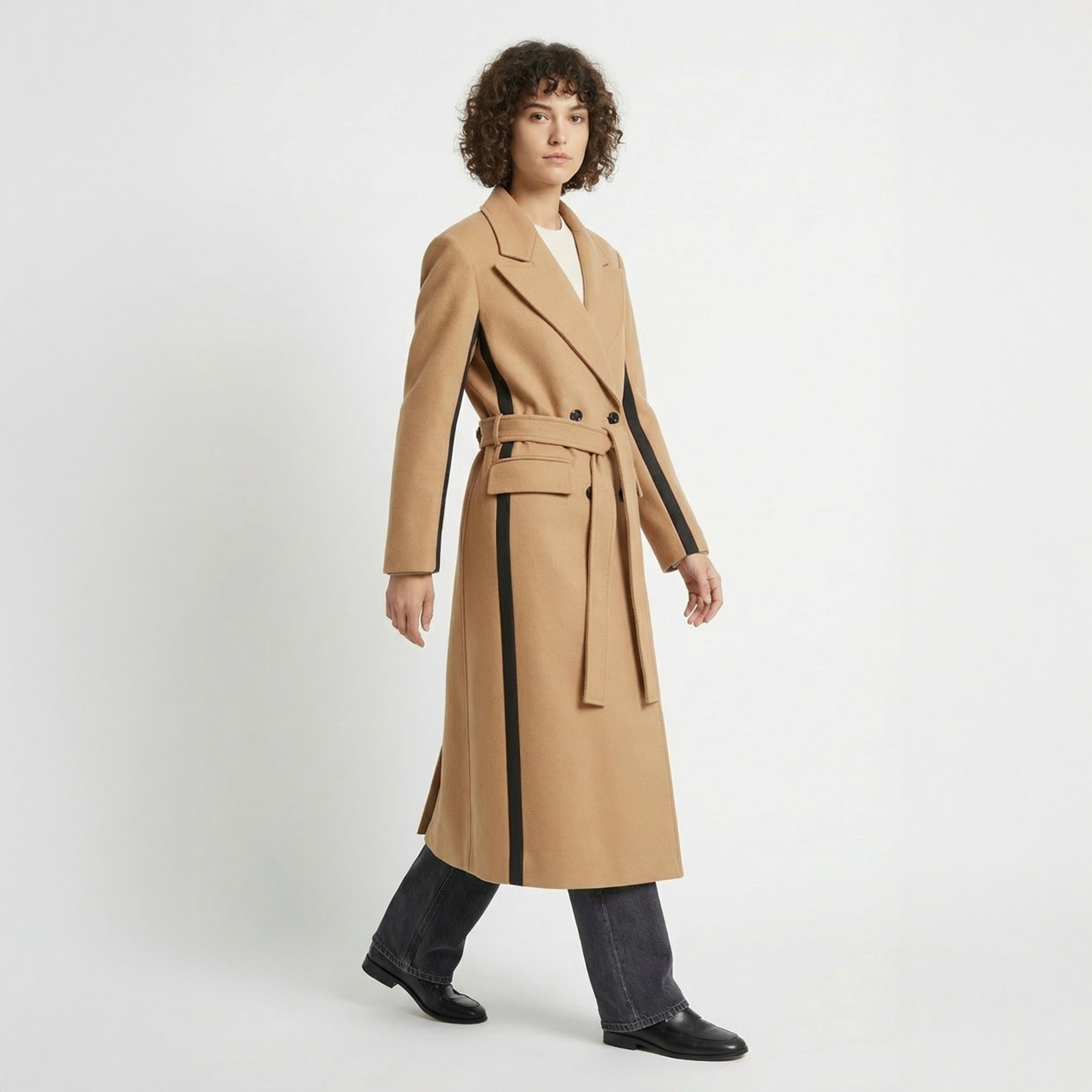 Statement Two-Tone Camel Wrap Coat with Black Contrast Panels