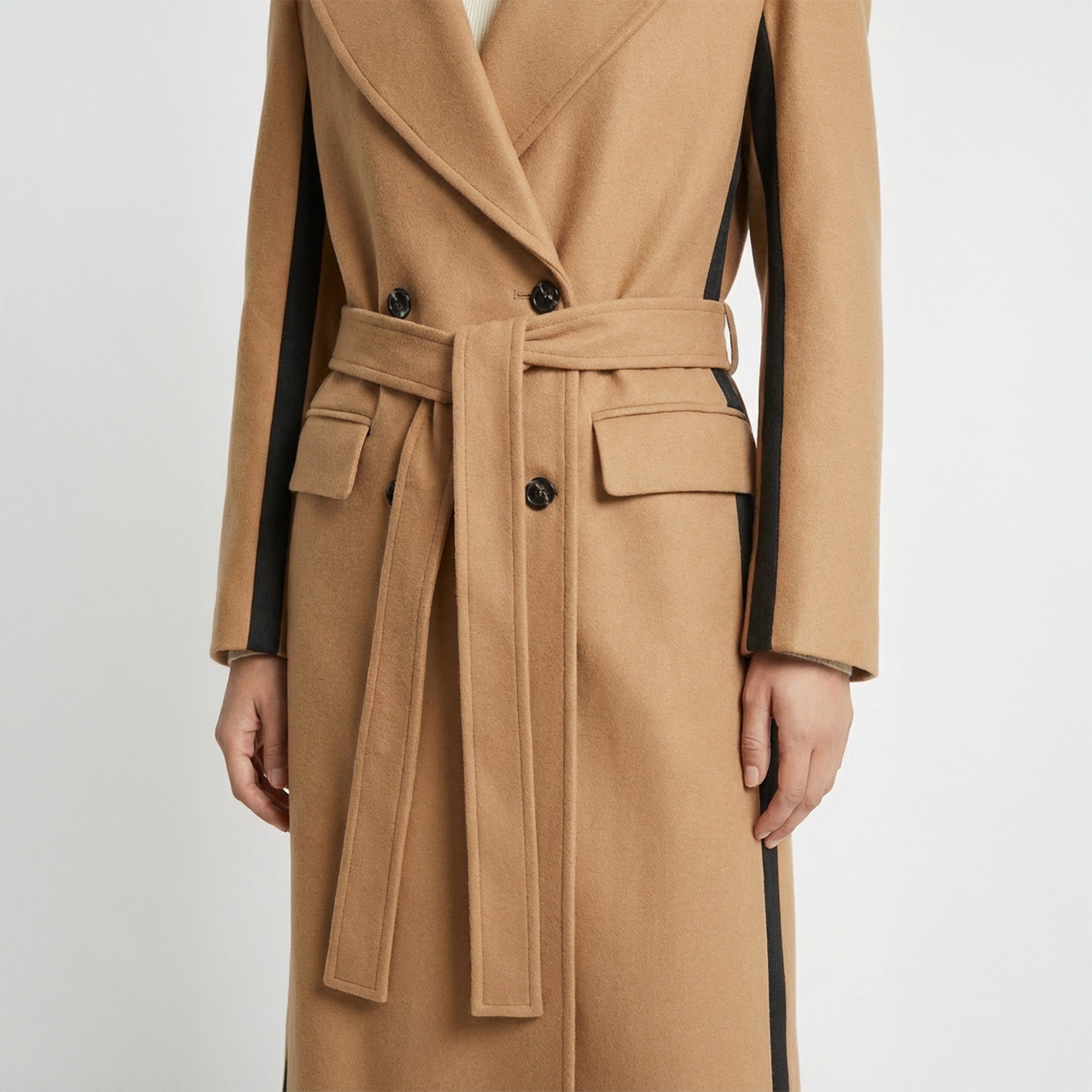 Statement Two-Tone Camel Wrap Coat with Black Contrast Panels
