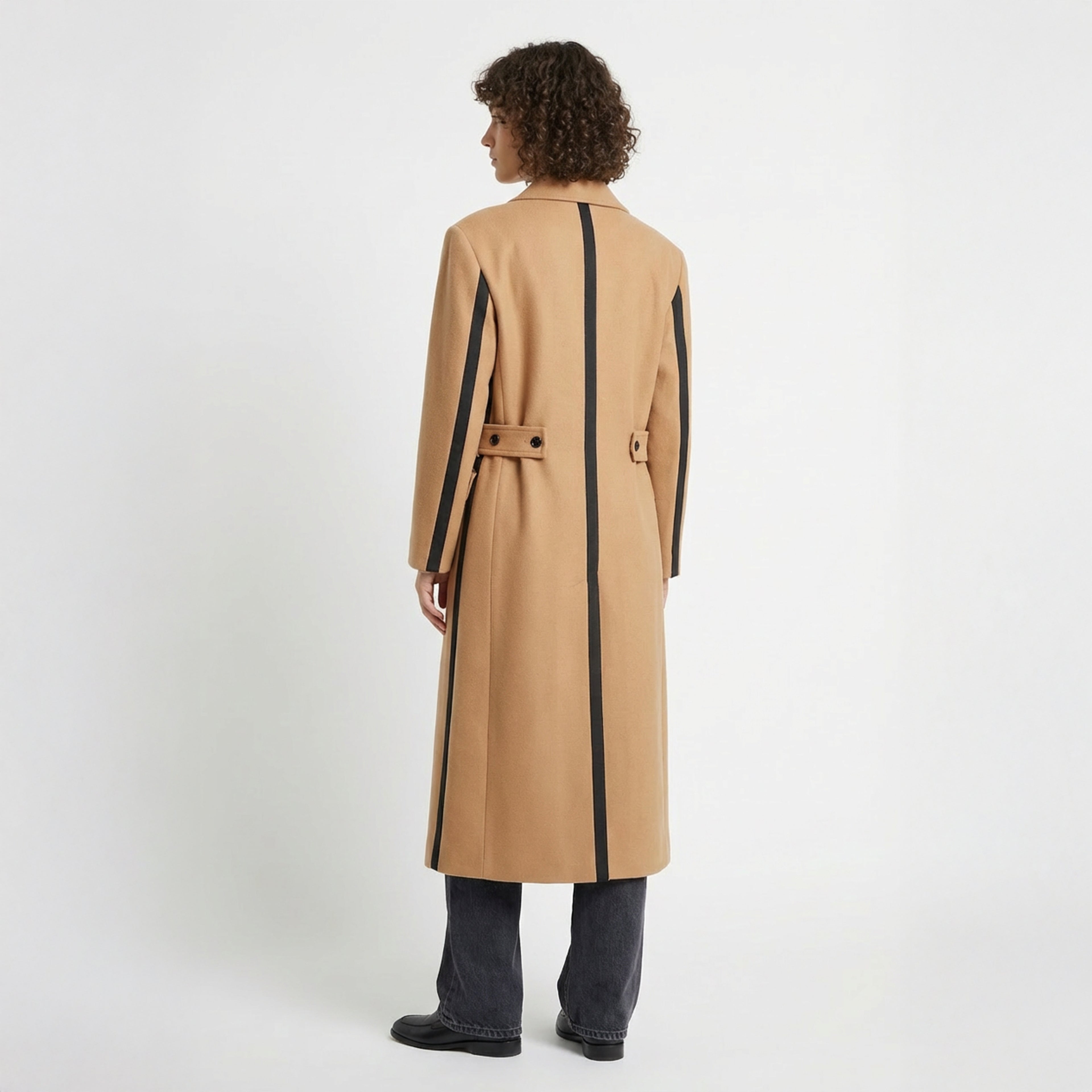 Statement Two-Tone Camel Wrap Coat with Black Contrast Panels