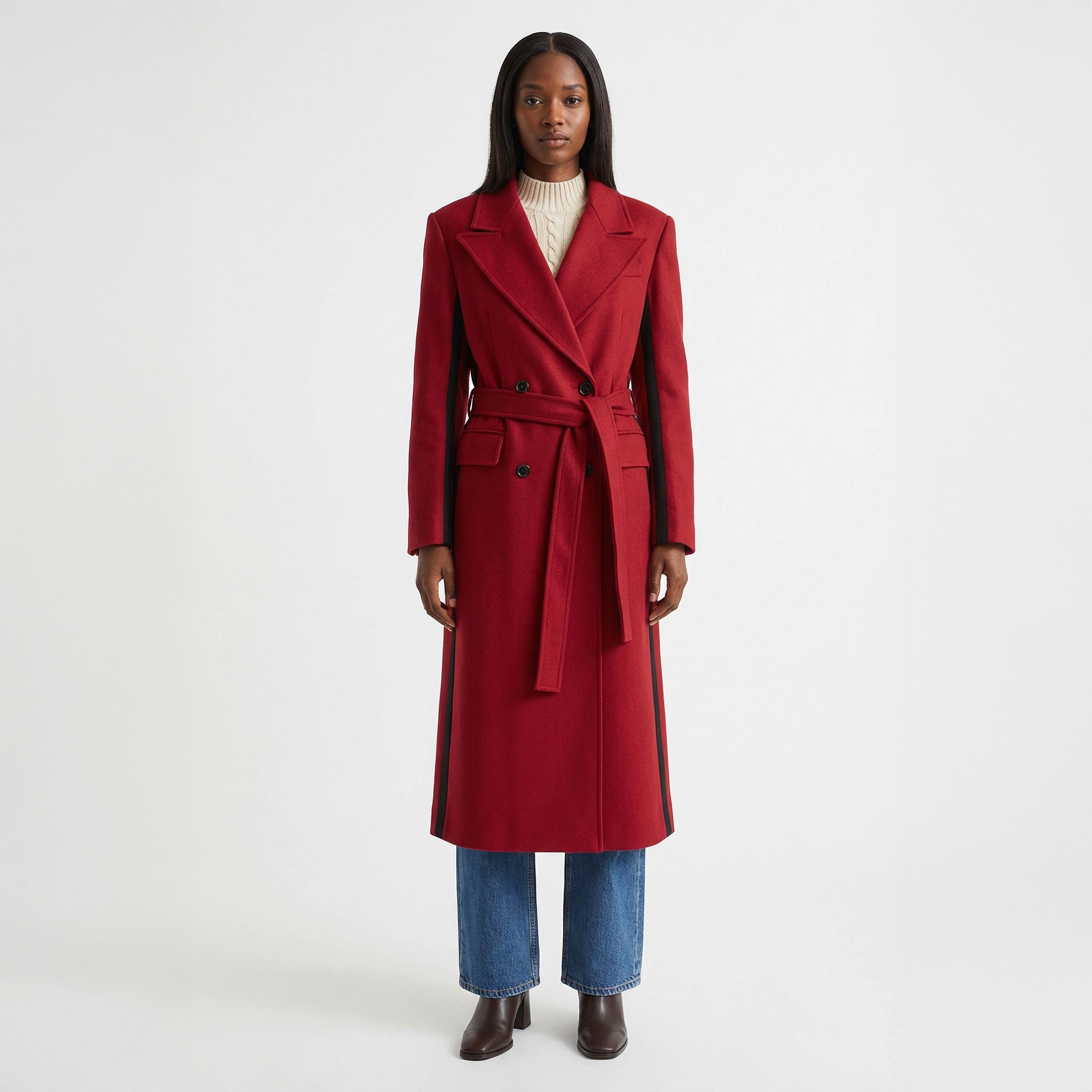Striking Two-Tone Red Wrap Coat with Black Contrast Side Panels