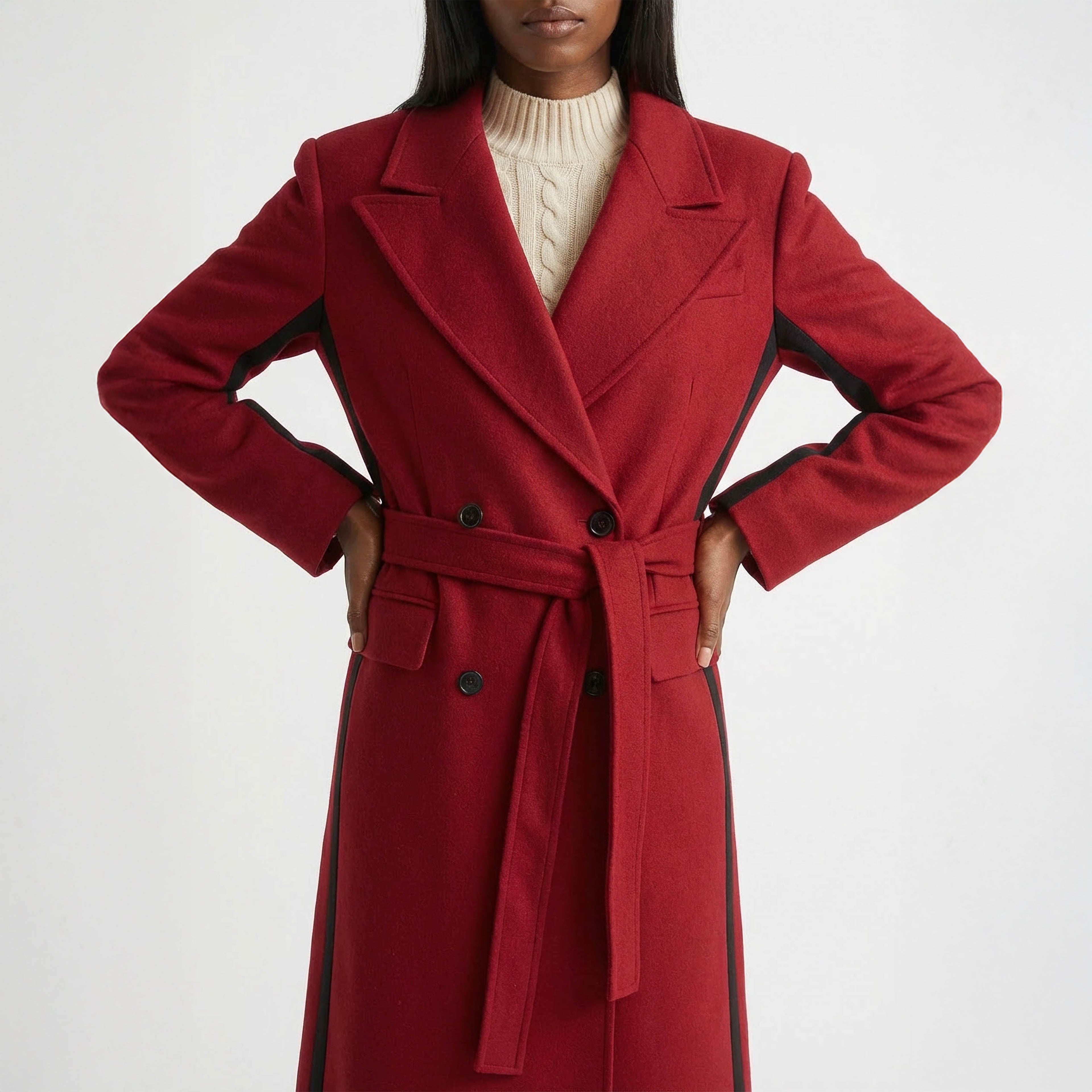 Striking Two-Tone Red Wrap Coat with Black Contrast Side Panels