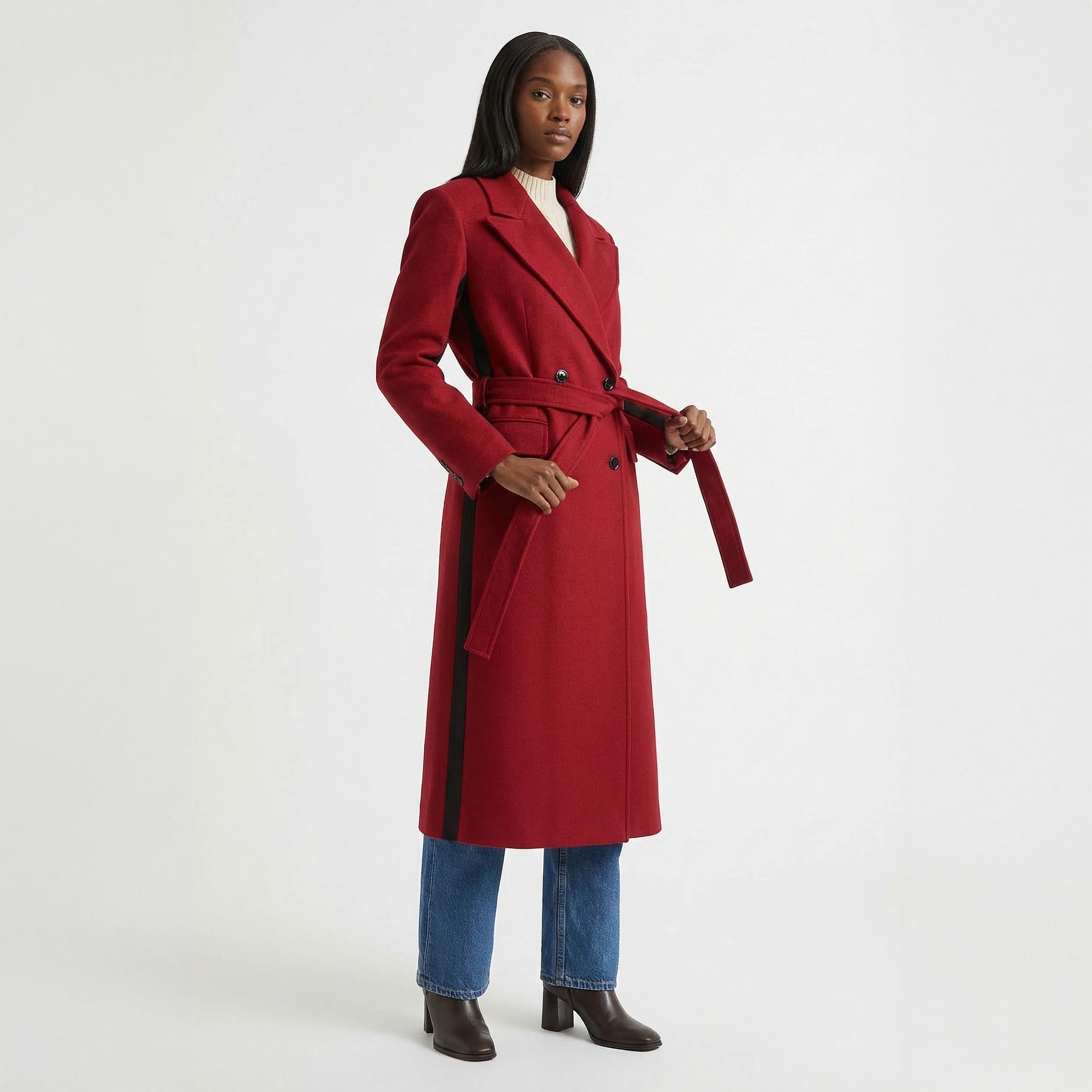 Striking Two-Tone Red Wrap Coat with Black Contrast Side Panels