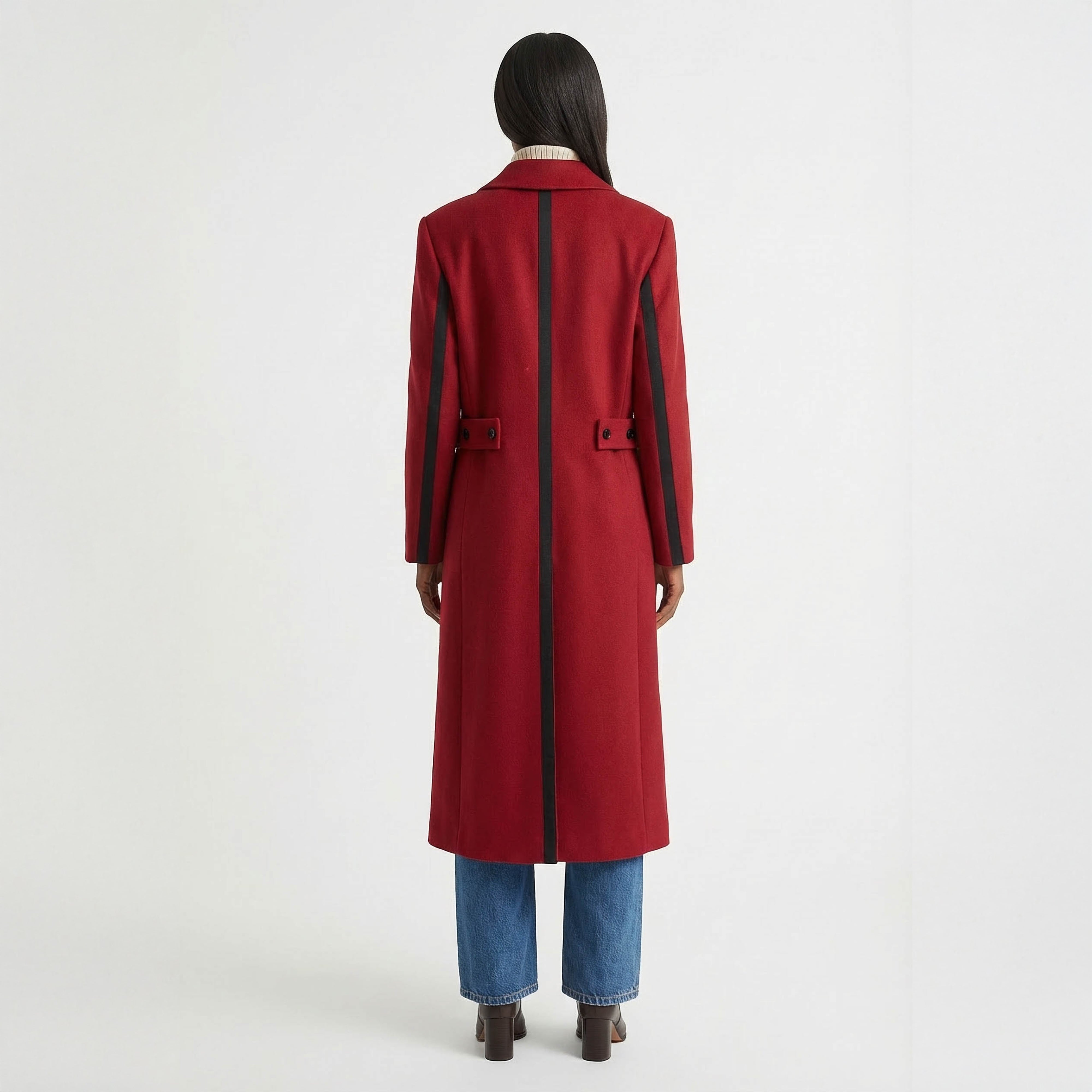 Striking Two-Tone Red Wrap Coat with Black Contrast Side Panels