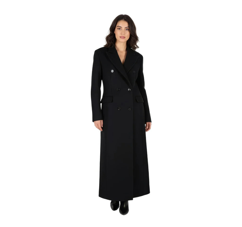 Dramatic Maxi Length Black Double-Breasted Premium Wool Coat