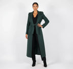 Luxury Maxi Length Wrap Coat in Deep Forest Green with Military Details