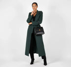 Luxury Maxi Length Wrap Coat in Deep Forest Green with Military Details