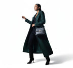 Luxury Maxi Length Wrap Coat in Deep Forest Green with Military Details