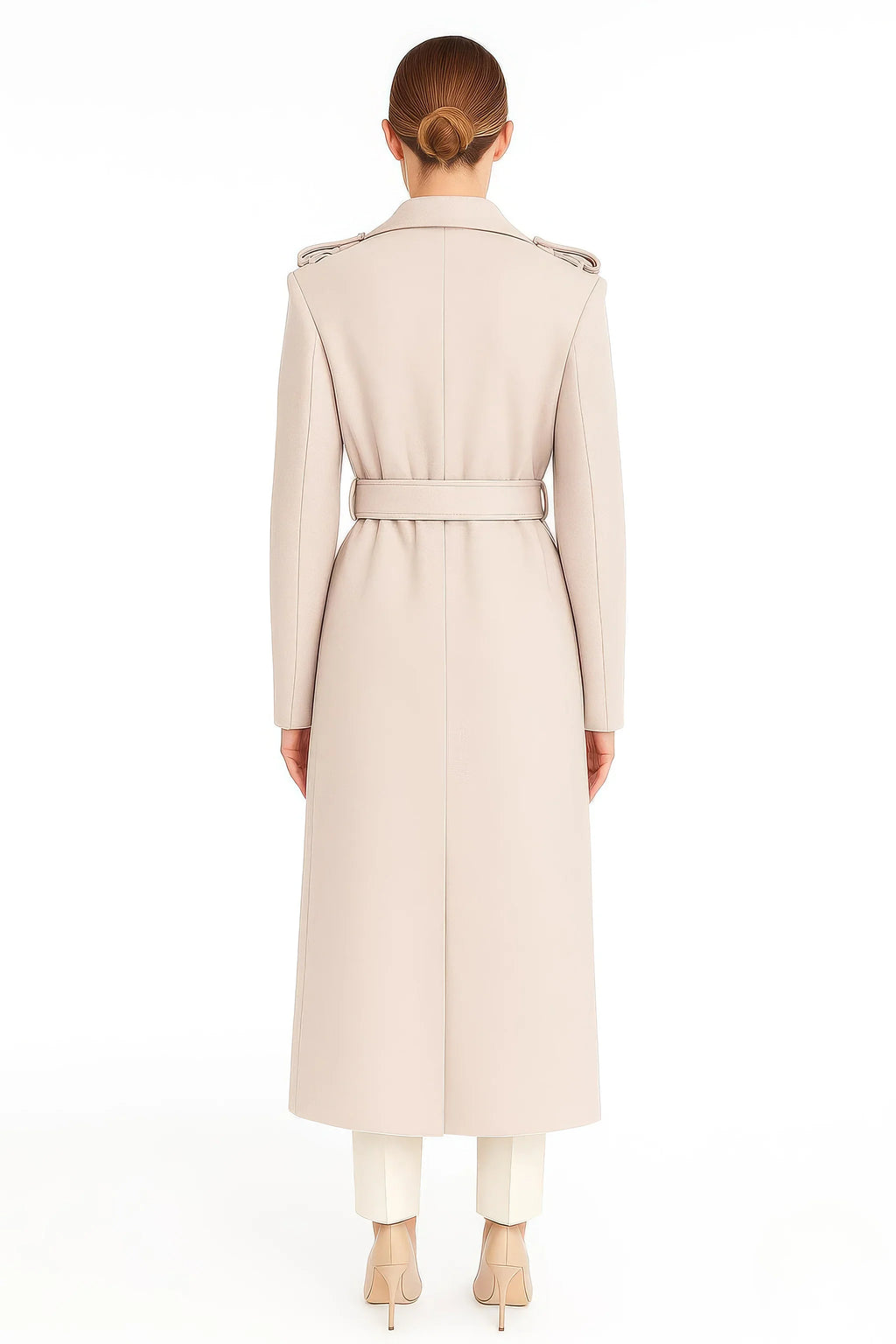 Classic Military-Detail Belted Wool-Cashmere Blend Coat in Light Beige