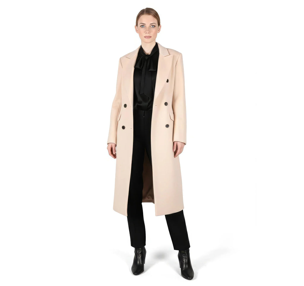 Classic Double-Breasted Midi Coat in Pale Cream Wool Blend