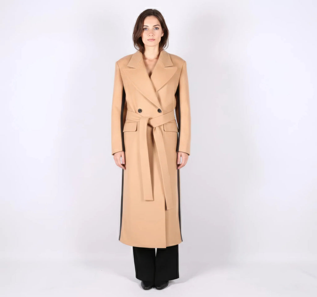 Statement Two-Tone Camel Wrap Coat with Black Contrast Panels