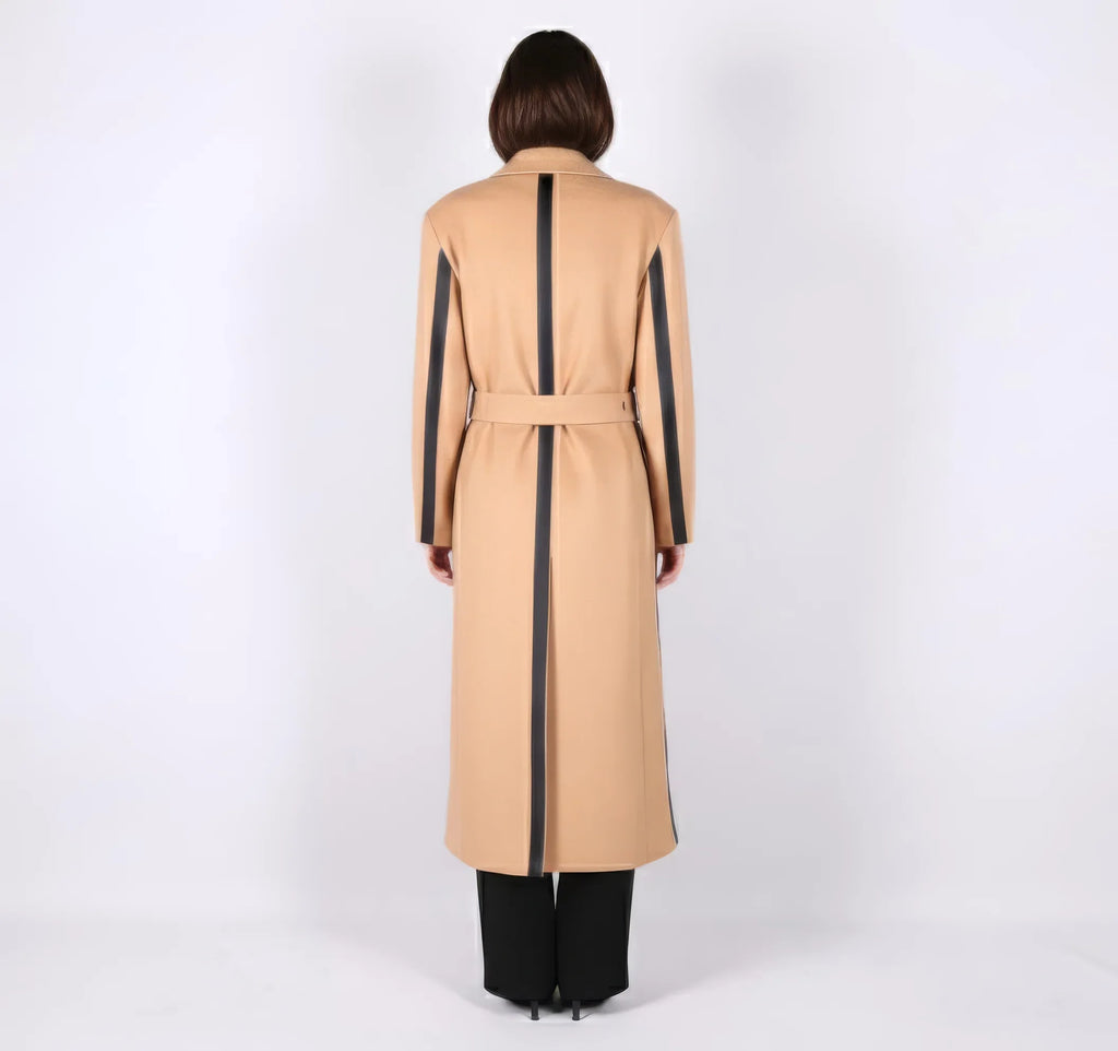 Statement Two-Tone Camel Wrap Coat with Black Contrast Panels