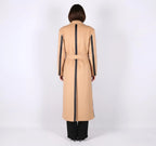 Statement Two-Tone Camel Wrap Coat with Black Contrast Panels