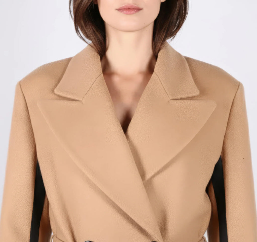 Statement Two-Tone Camel Wrap Coat with Black Contrast Panels