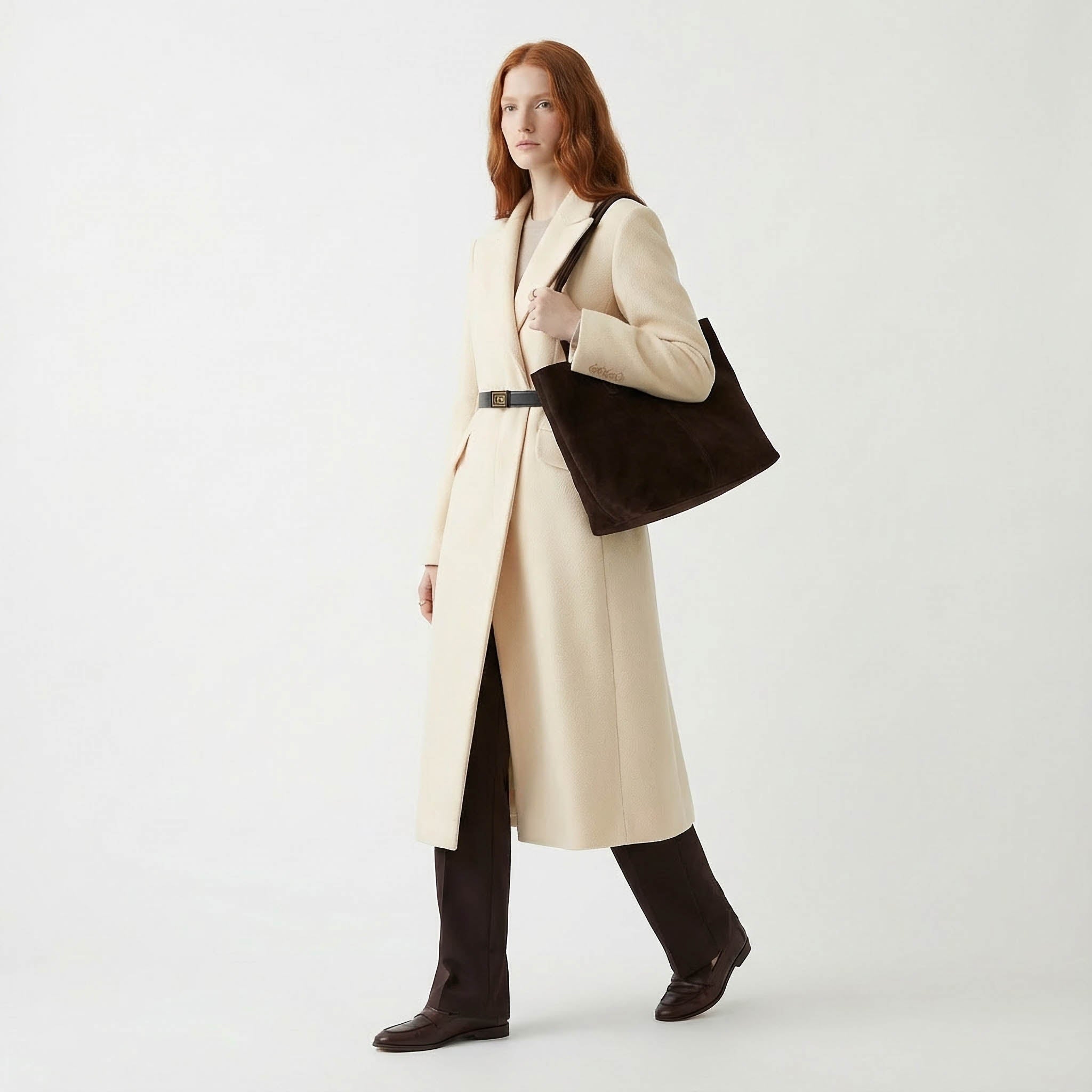 Tailored Cream Wool Blend Coat with Statement Belt