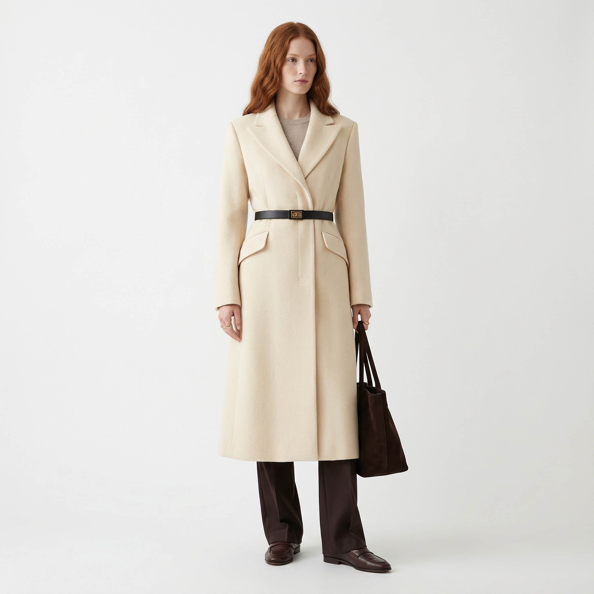 Tailored Cream Wool Blend Coat with Statement Belt
