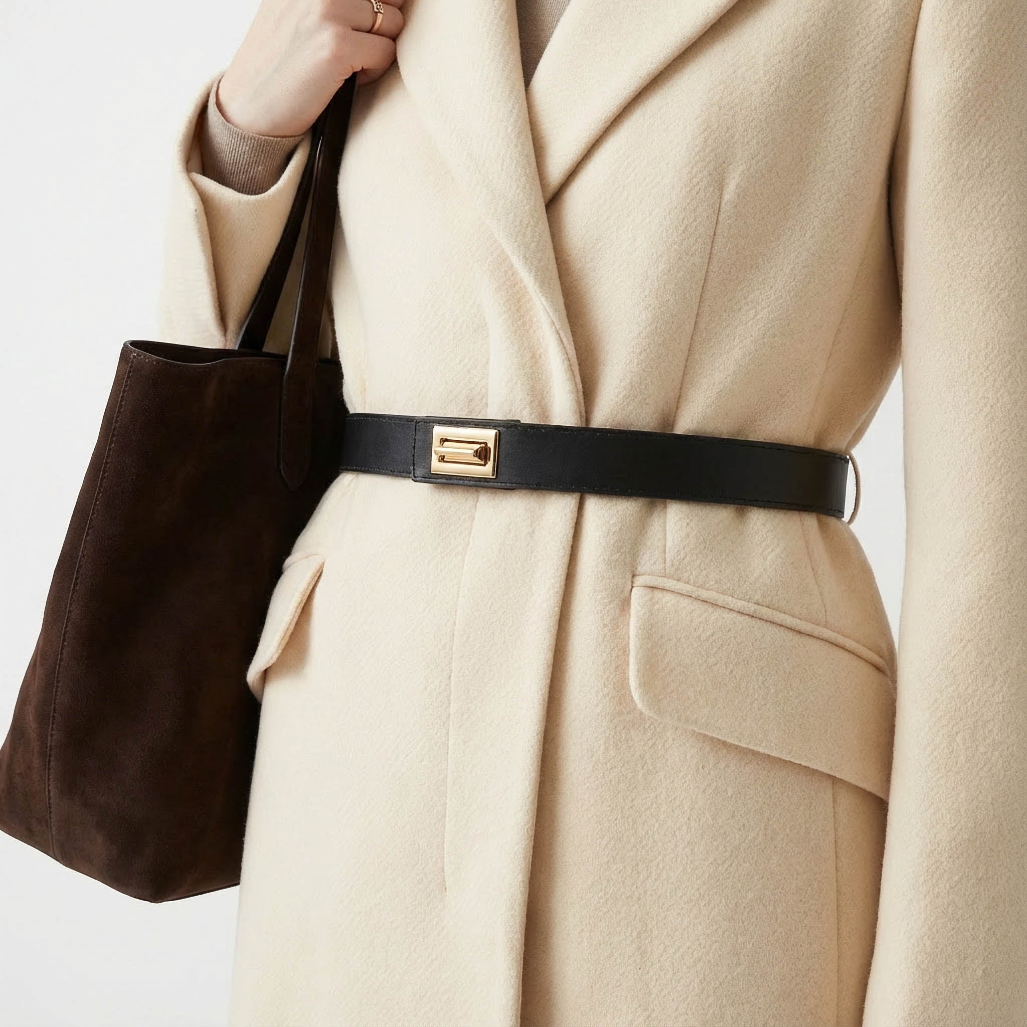 Tailored Cream Wool Blend Coat with Statement Belt