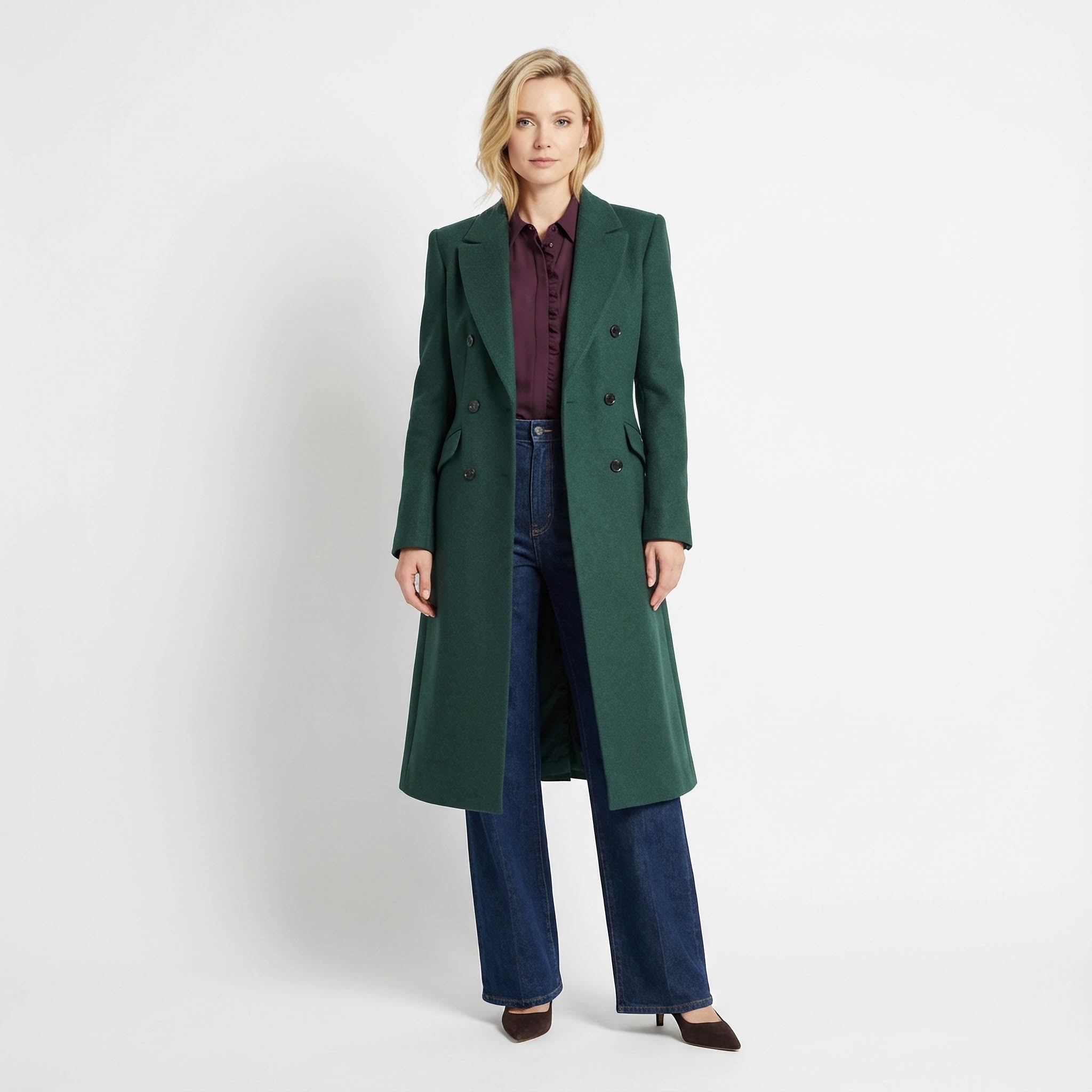 Tailored Emerald Green Double-Breasted Wool Blend Coat