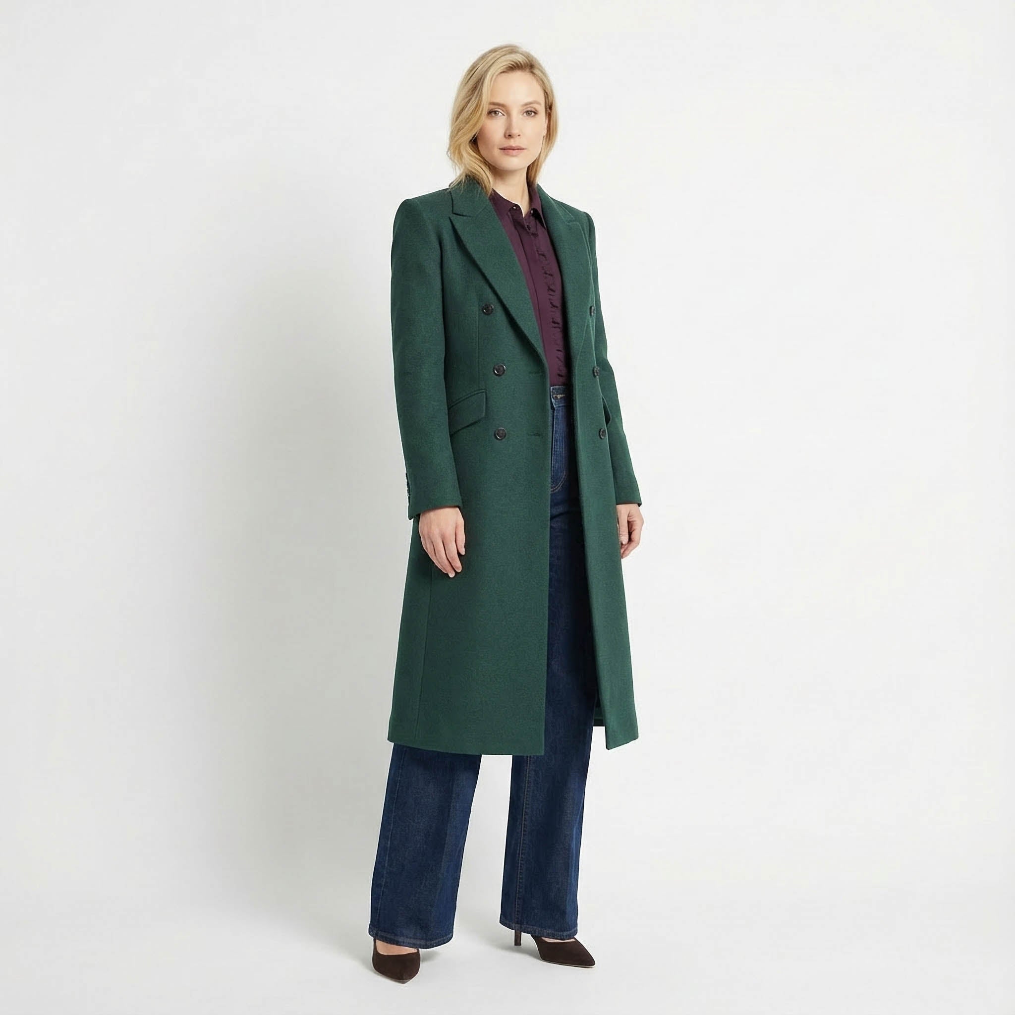 Tailored Emerald Green Double-Breasted Wool Blend Coat