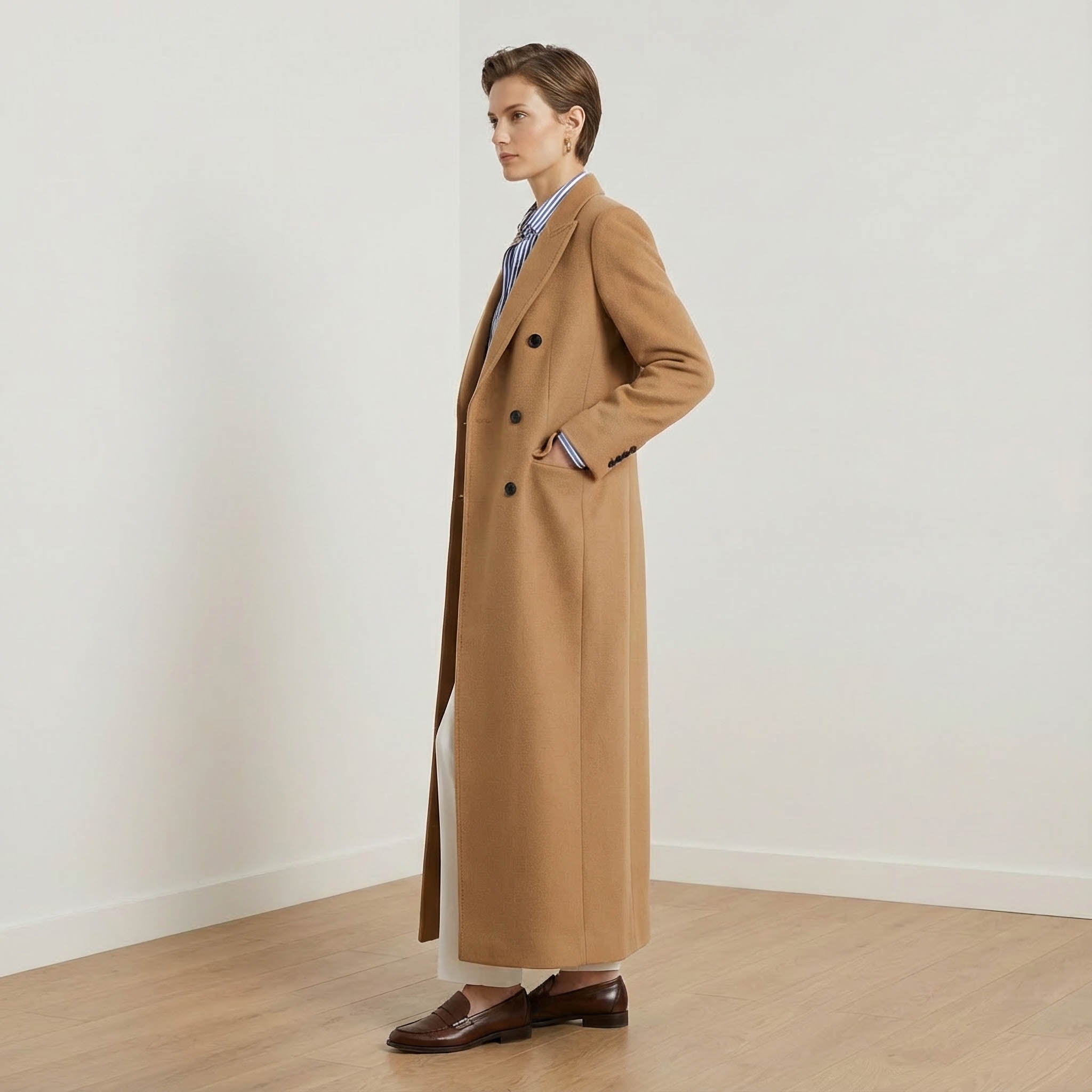 The Noir Signature: Camel Full-Length 100% Cashmere Tailored Coat