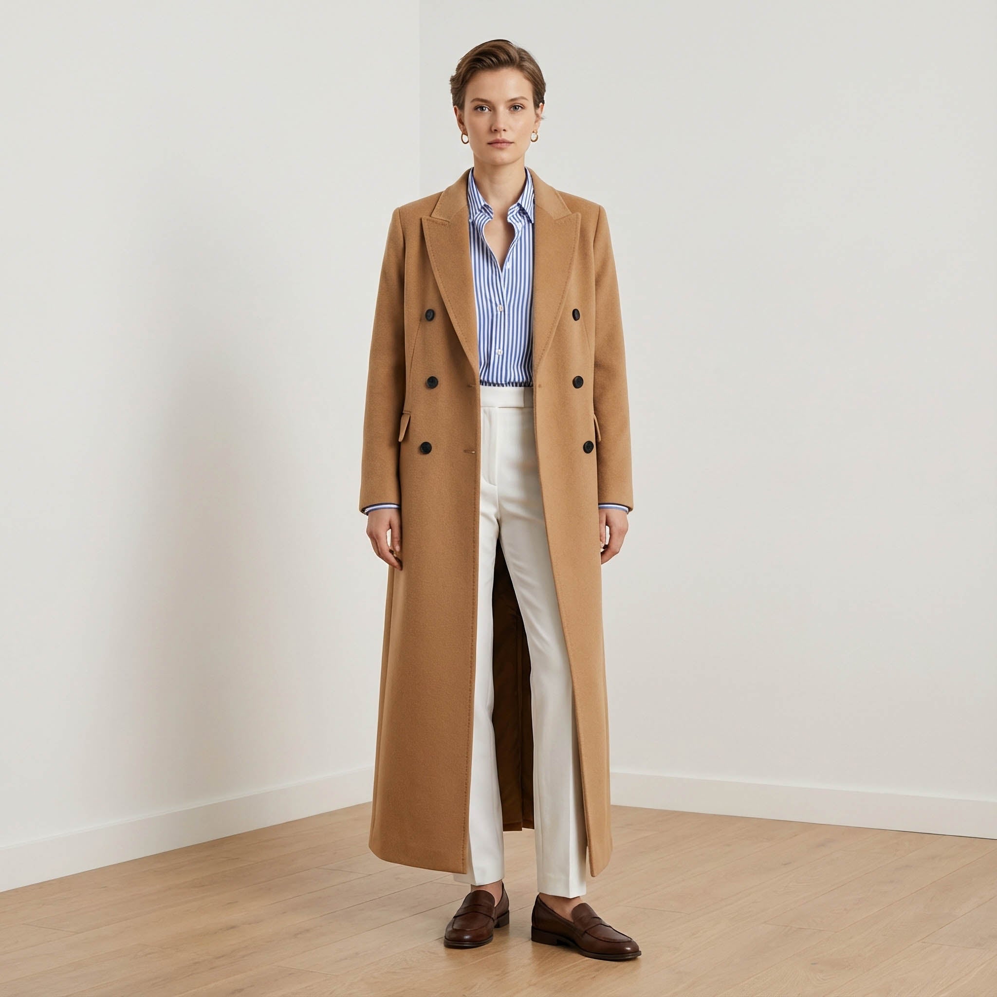 The Noir Signature: Camel Full-Length 100% Cashmere Tailored Coat