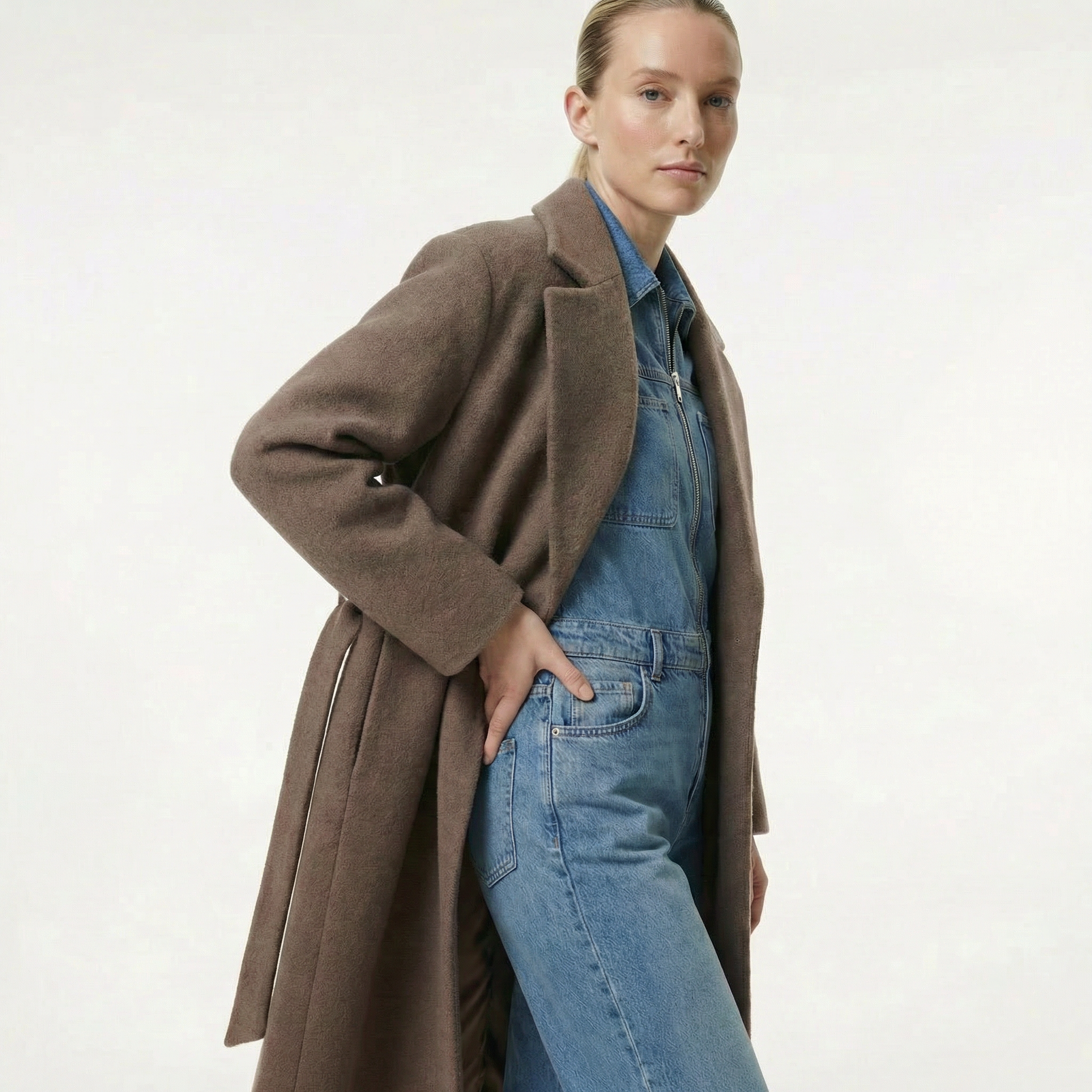 Woman wearing a brown coat on a white background
