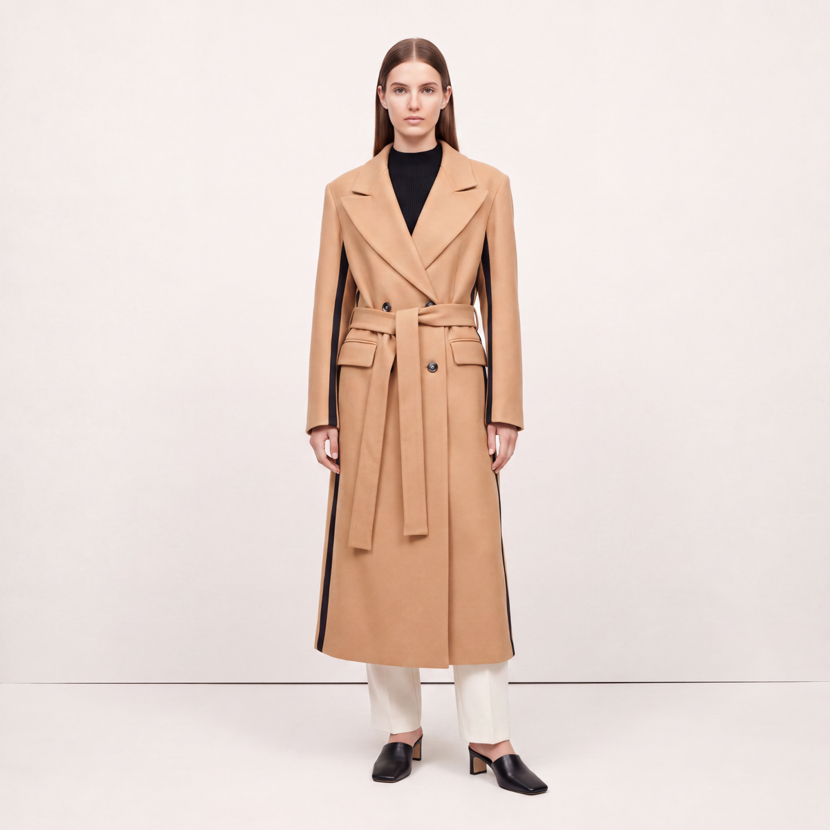 Statement Two-Tone Camel Wrap Coat with Black Contrast Panels